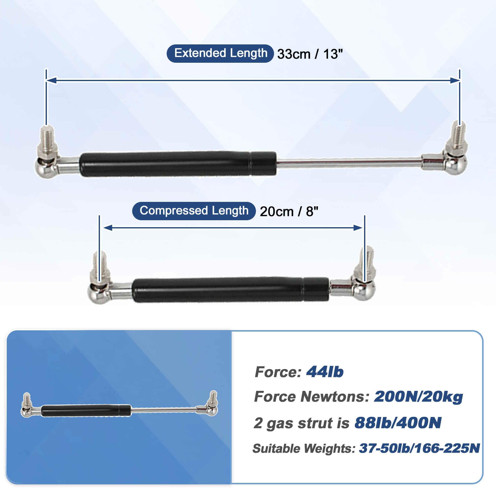 Gasfedern, 33 cm, 200 N/20 kg, 33 cm, Gasdruckfedern, hydraulische Hebebühne, Werkzeugkasten, Aufbewahrungsbox, Fenster, 1 Stück, silberfarben