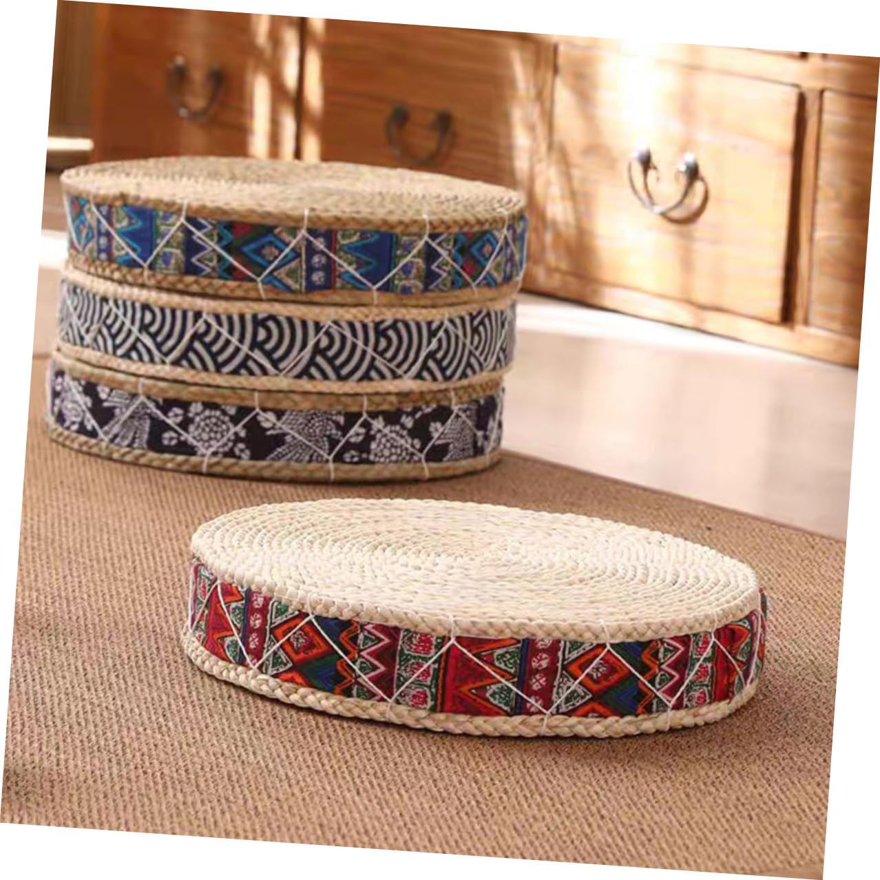 Veemoon Woven Straw Sitting Cushion 30cm Diameter X 7cm Height Bohemian Red Tatami Floor Pillow Meditation Seat Pad for Yoga and Indoor Floor Sitting
