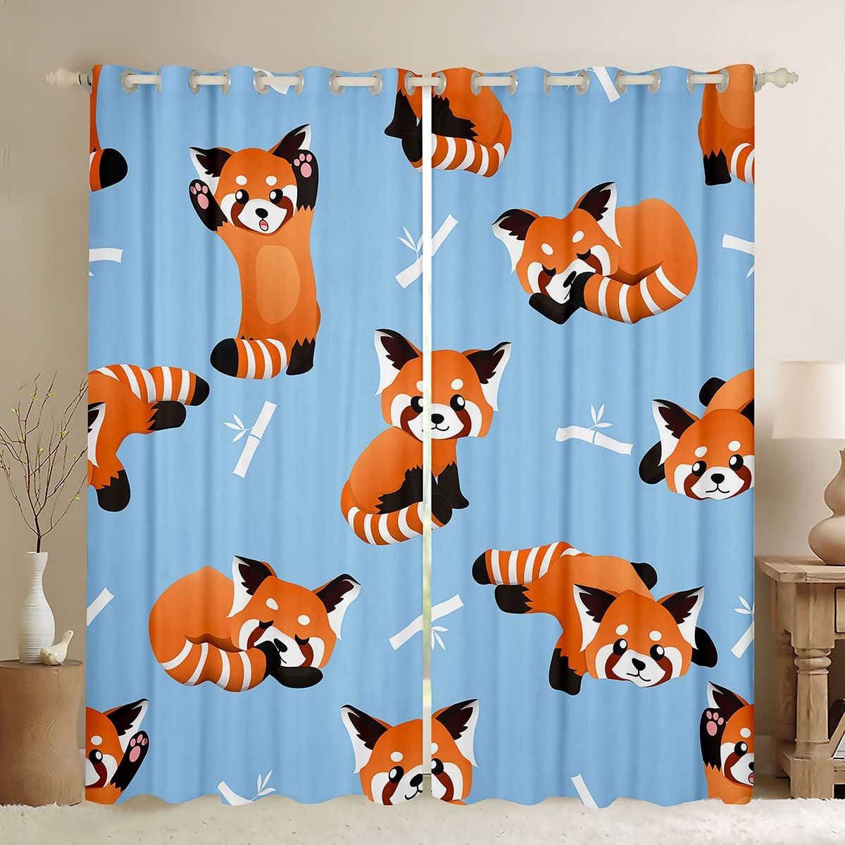 Loussiesd Red Panda Curtains Cute Animal Pattern Curtains for Bedroom Living Room Kids Cartoon Panda Printed Windows Drapes Novelty Wildlife Style Room Decoration,W66*L90