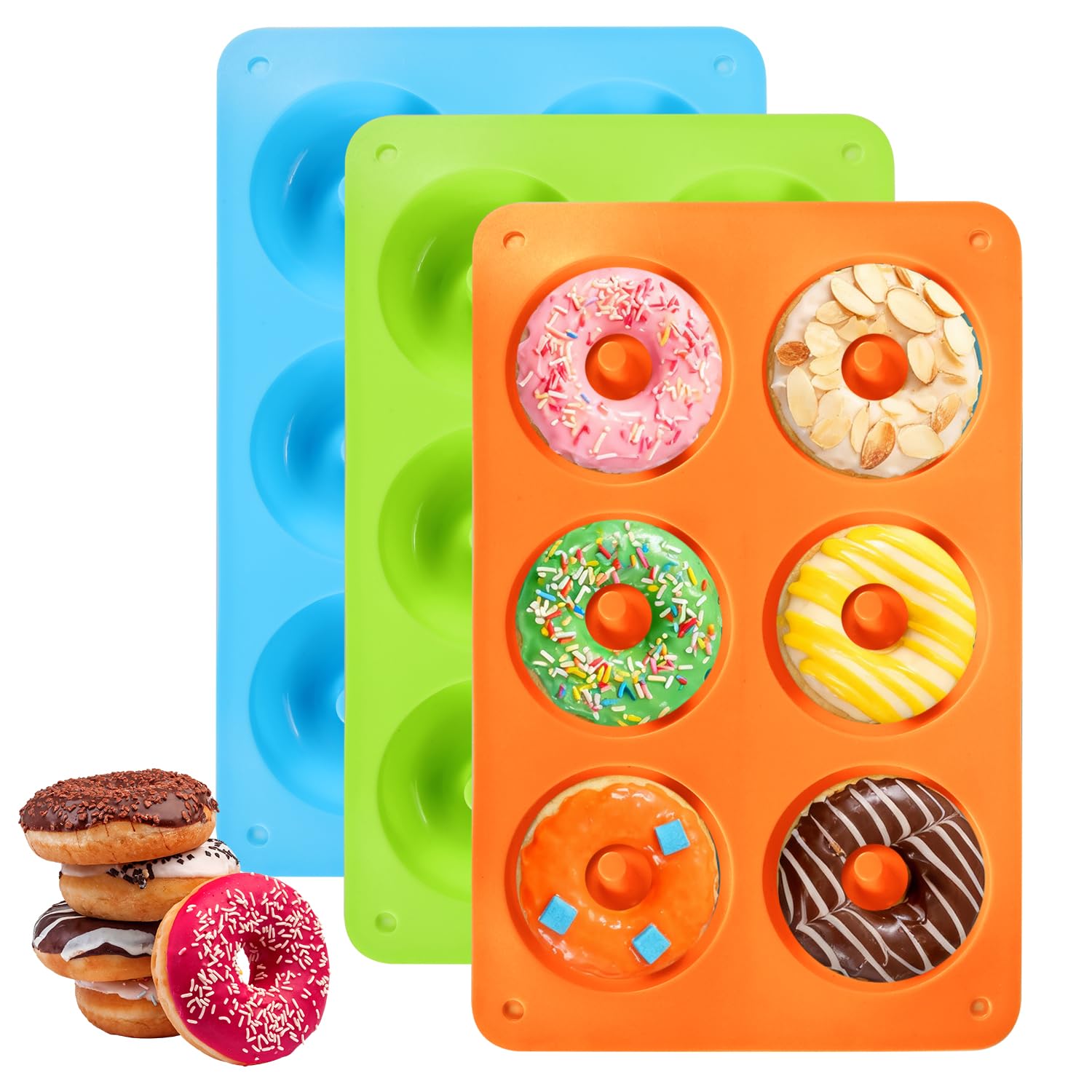Acootruing Silicone Donut Moulds for Baking 6 Cavity Silicone Donut Mould Non-Stick 3 Pcs Donut Tray Donut Pan for Baking Donuts Muffins Bagels Cookies Cakes Blue Green Orange