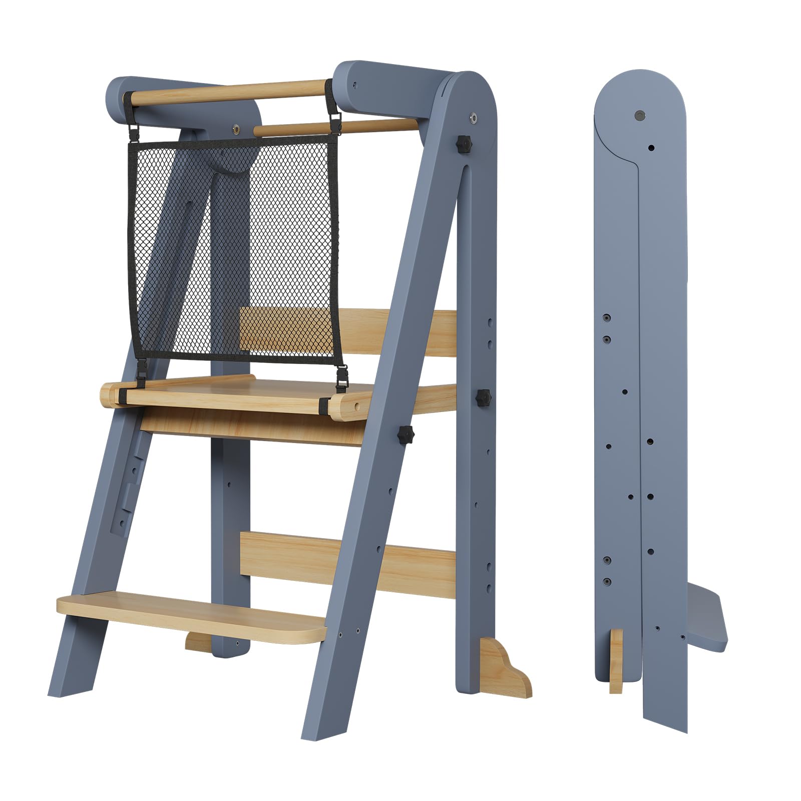 ROOMTEC Foldable Toddler Kitchen Tower, 3 Adjustable Height Wooden Step Stool, Toddler Standing Tower with Safety Net (Gray)