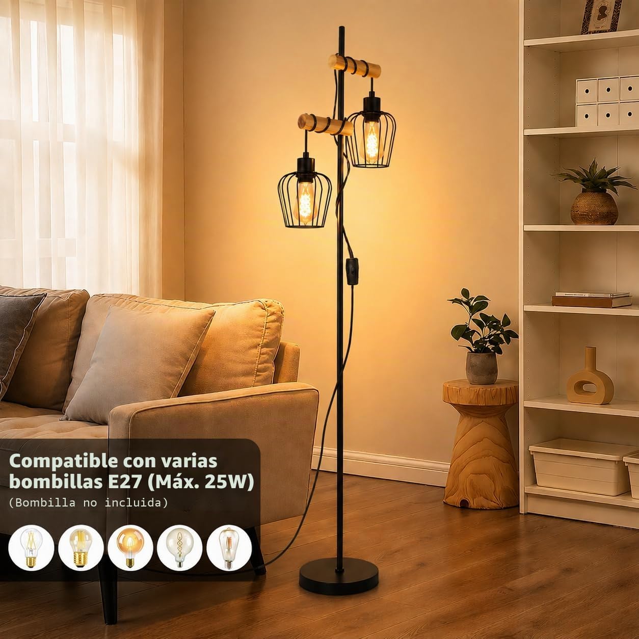 ZMH Lámpara de Pie Vintage de Madera y Metal Negro, Estilo Industrial, Lámpara de Suelo para Salón, Dormitorio u Oficina, Casquillo E27, sin Bombilla