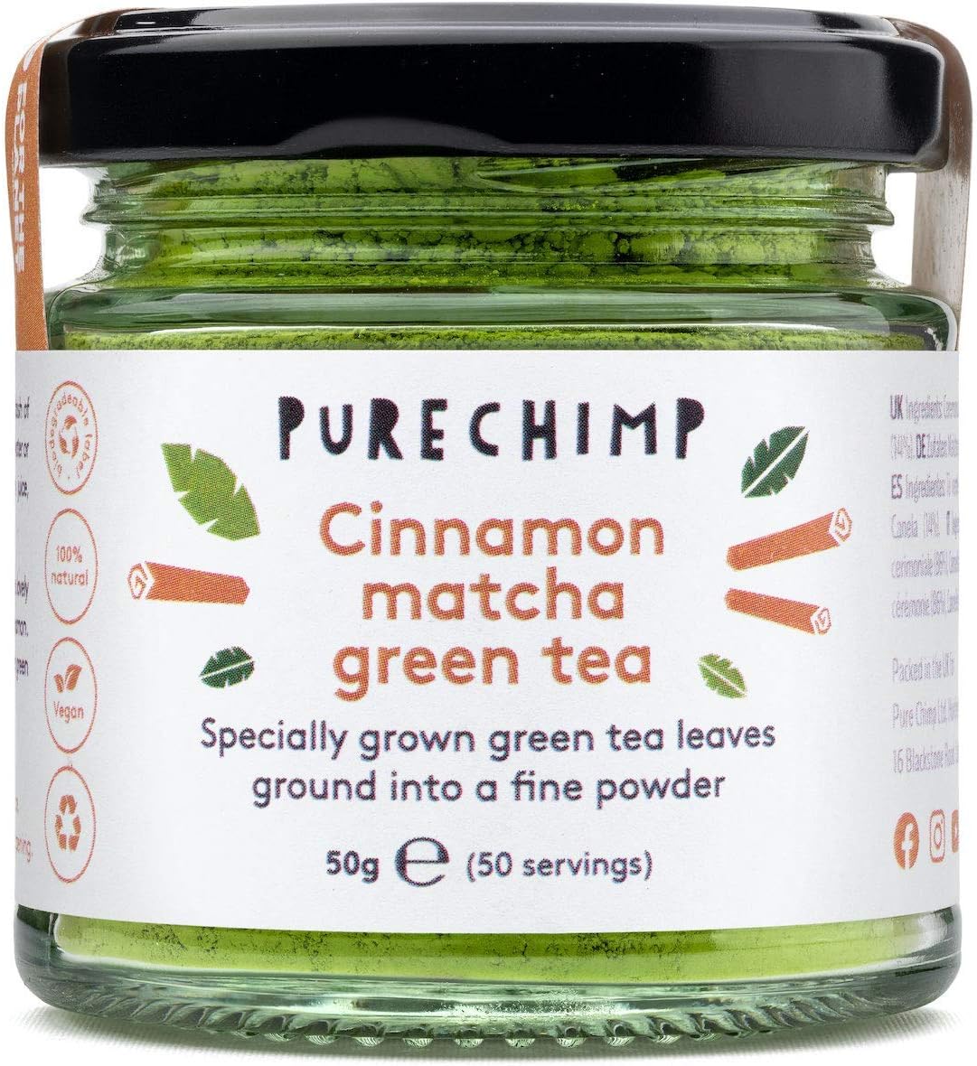 Cinnamon Matcha Green Tea Powder 50g (1.75oz) by PureChimp | Ceremonial Grade from Japan | Pesticide-Free | Recyclable Glass Jar & Aluminium Lid