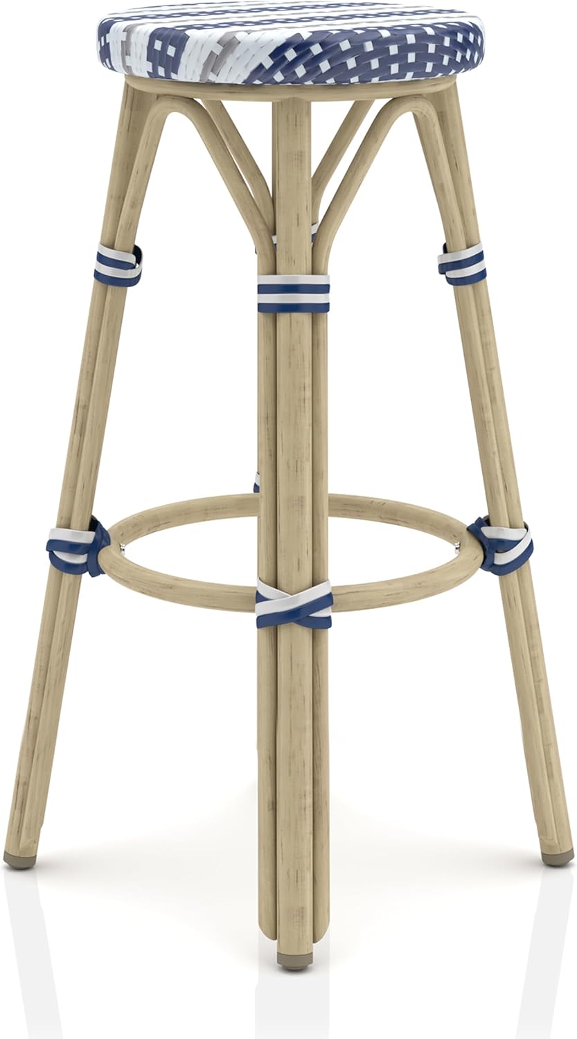 Greemotion Binde Boho 30-inch Aluminum and All-Weather Wicker Barstools with Footrest, Patio Stools & Bar Chairs for Outdoor, Kitchen Counter, Poolside, Yard, Set of 2, Navy