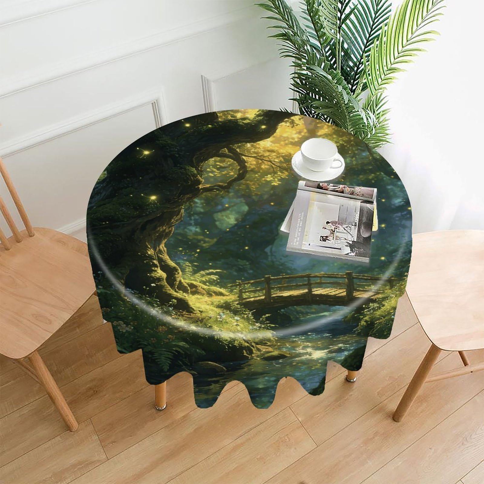 LZQPOEAS Enchanted Forest Tablecloth Easy to Clean Polyester Round Table Cover Washable Round Table Cloth Wrinkle-Free Circle Decoration Tablecloth for Kitchen and Dining Room 60"