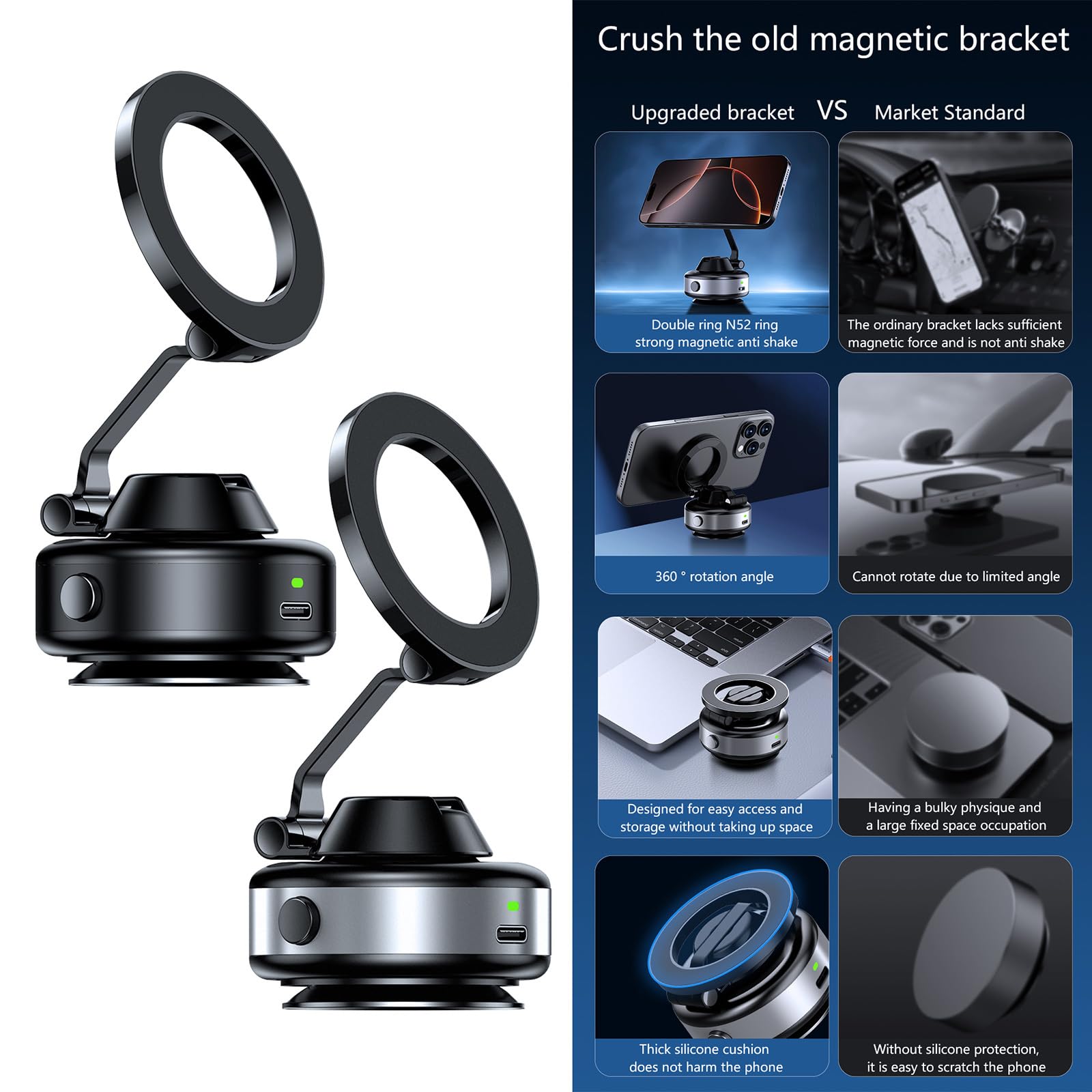 Soporte para teléfono para vehículo, succión vacío con Accesorio de vacío, rotación de 360 ​​Grados para Experiencia de conducción Segura, Soporte para teléfono de Viaje