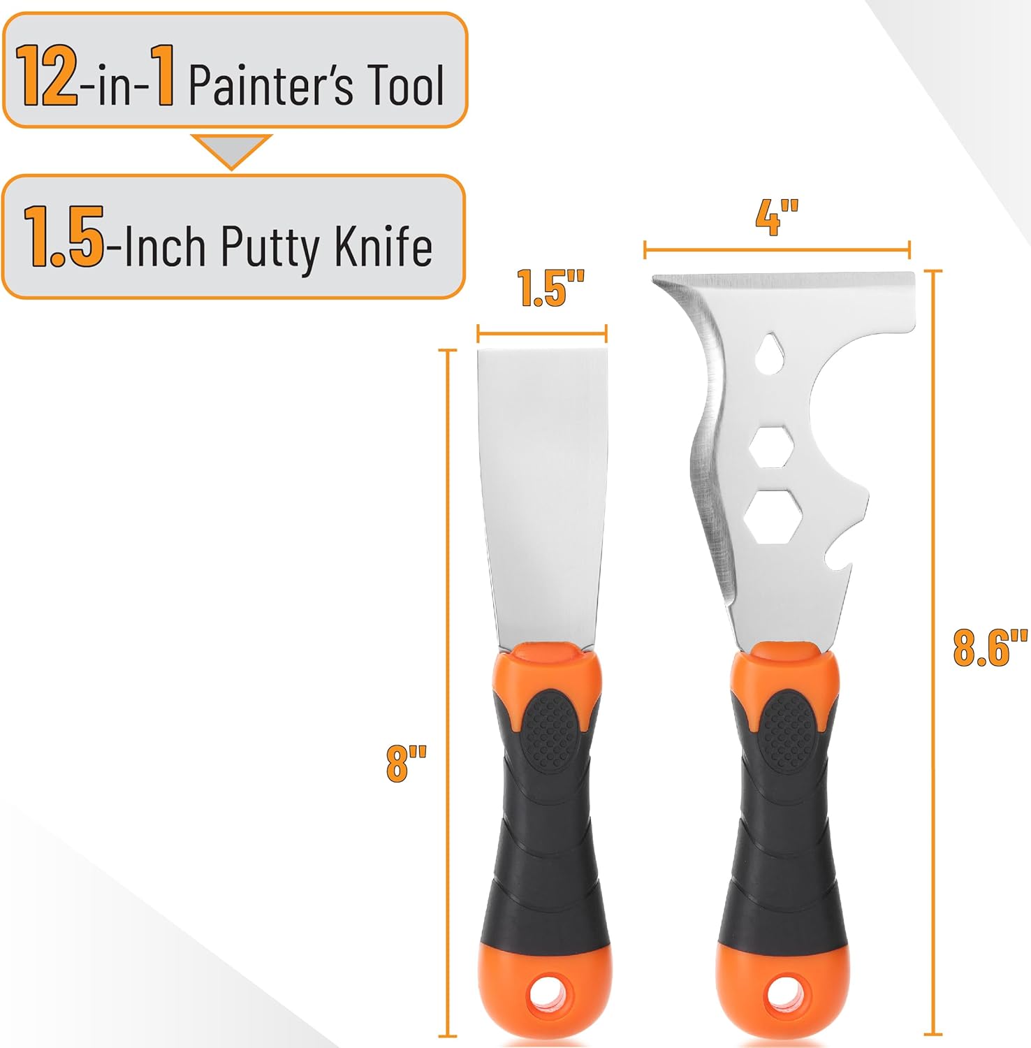 Bates- Paint Scraper Set, 2 Pack, 12 in 1 Painters Tool with 1.5" Stainless Steel Putty Knife, Rubber Handle, Paint Scrapers for Wood, Painters Knife, Paint Scraper for Painting, Metal Scraper