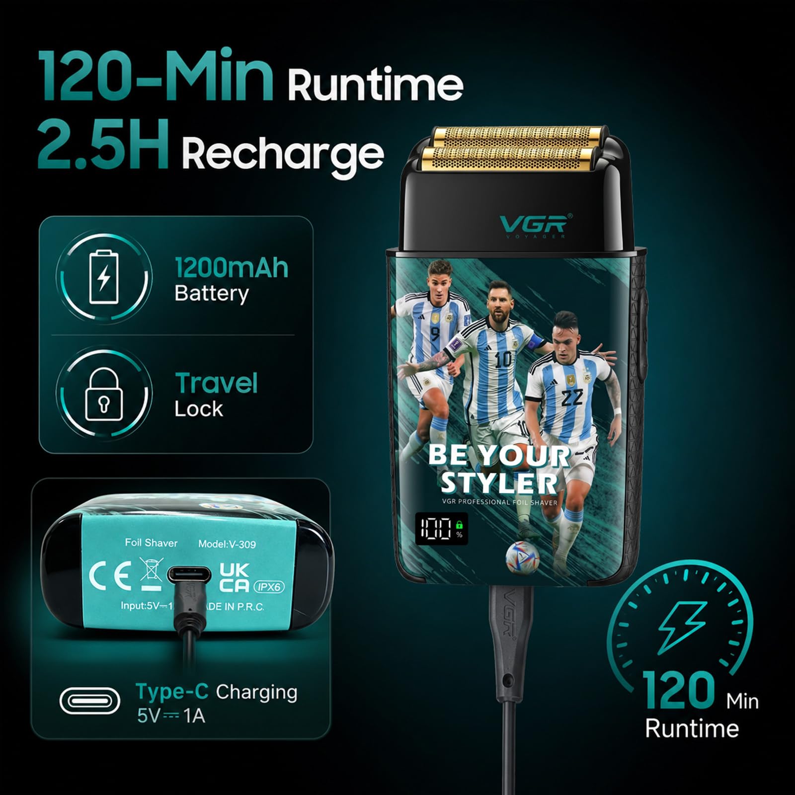 VGR Afeitadora eléctrica 309 para hombres, maquinilla de afeitar profesional recargable de 3 velocidades con láminas flexibles independientes duales, afeitadora inalámbrica impermeable IPX6 para barba