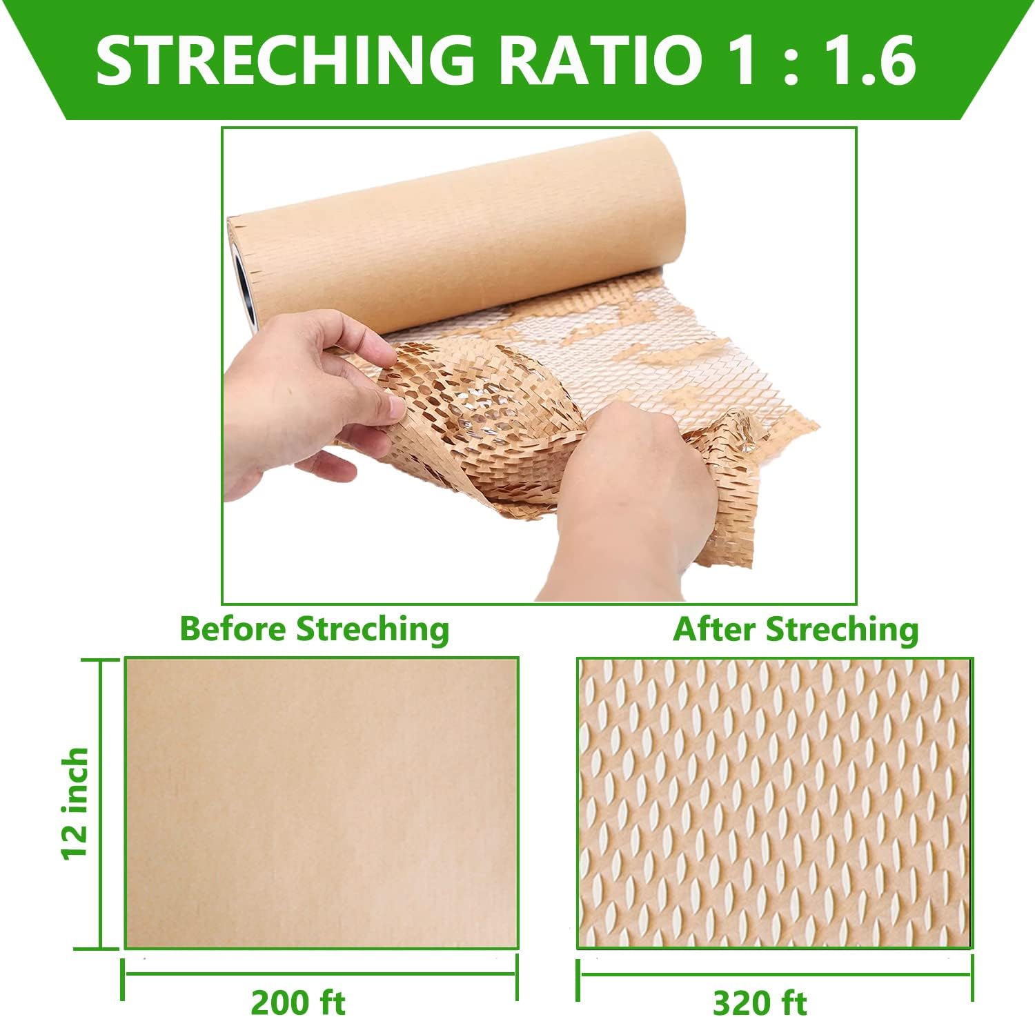 Honeycomb Packing Paper Wrap 12"x200' Recycled Cushioning Wrapping Roll Eco Friendly Shipping Moving Green Wrap Packing Material with 20 Fragile Sticker Labels : Office Products