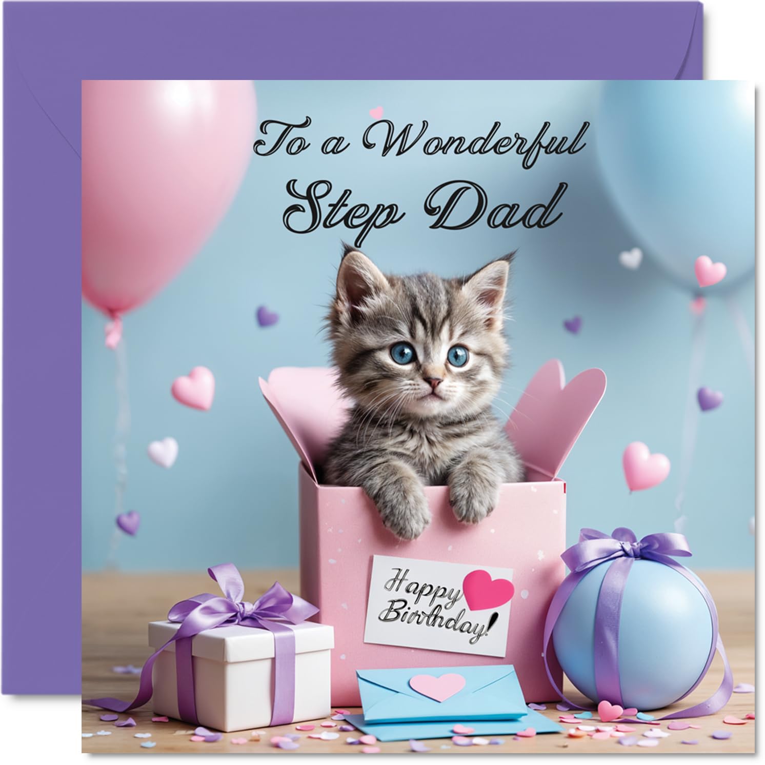 Step Dad Birthday Card, Cat Present