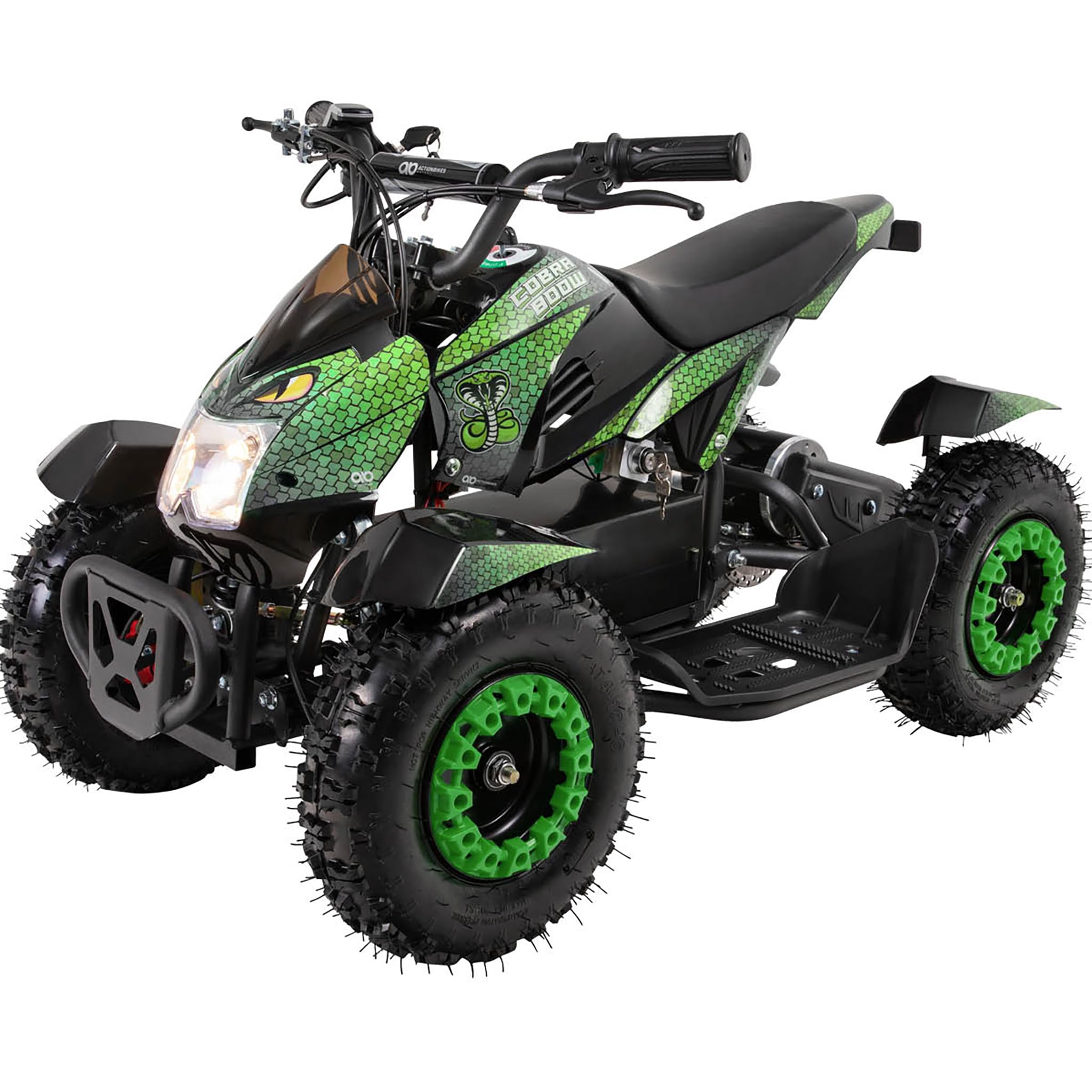 Actionbikes Motors Quad électrique Enfant ATV Cobra | 36 Volts 800 Watts Jusqu’à 24 km/h - Quad Enfant - Pocket Quad - pédale de sécurité Safety Touch - Mini Quad - dès 8 Ans (Vert/Noir)