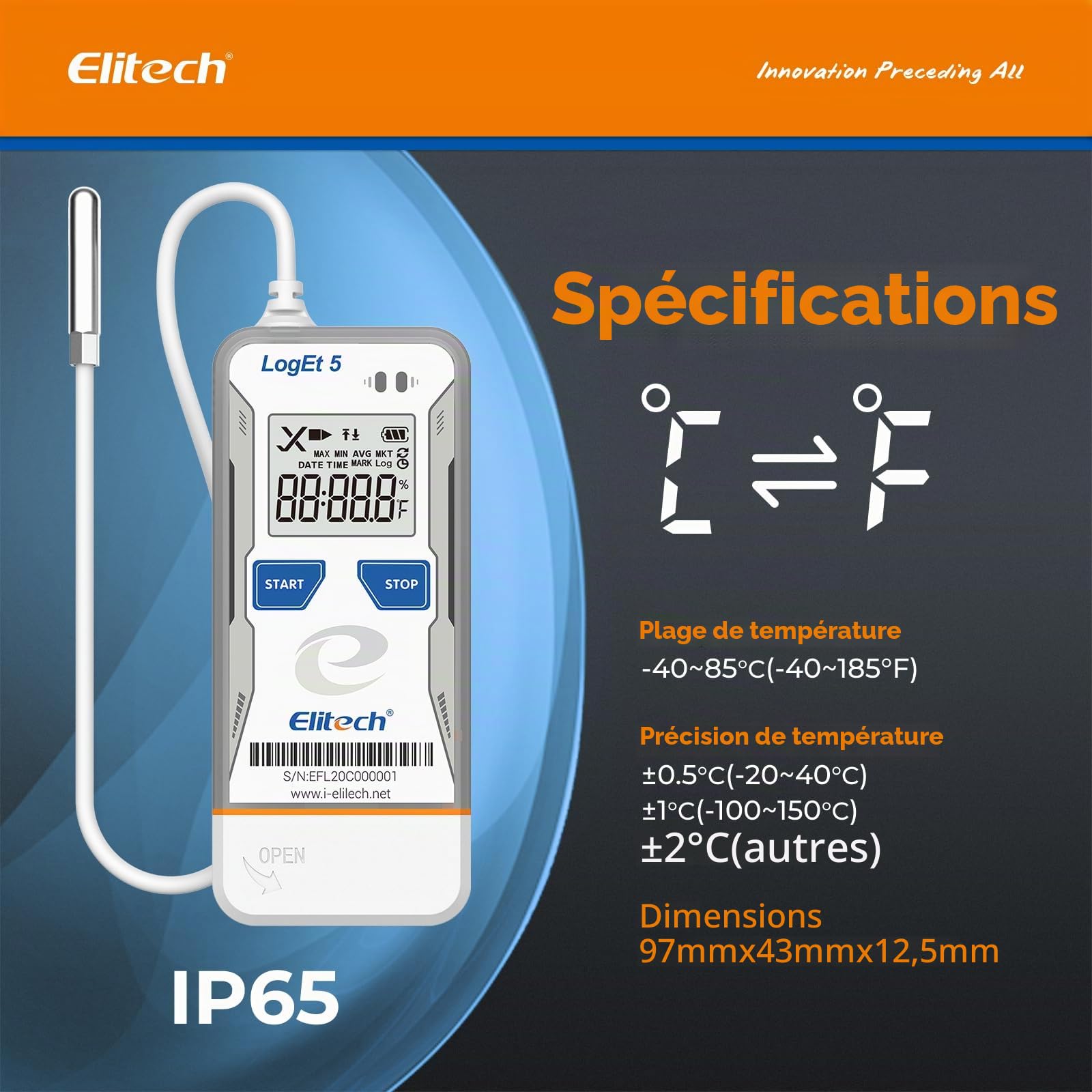 Elitech Enregistreur de Température et d'Humidité USB avec Sonde Externe Réutilisable LogEt5THE & Enregistreur de Données de Température USB Rapports PDF CSV Auto LogEt5T pour Réfrigérateur Frigo