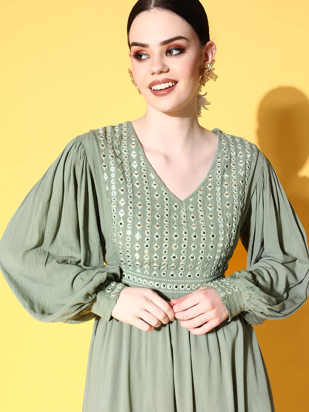 Ishin Women's Mini Viscose Rayon Embellished Green A-Line Dress Inwdr0551_Gr_Xl_Green