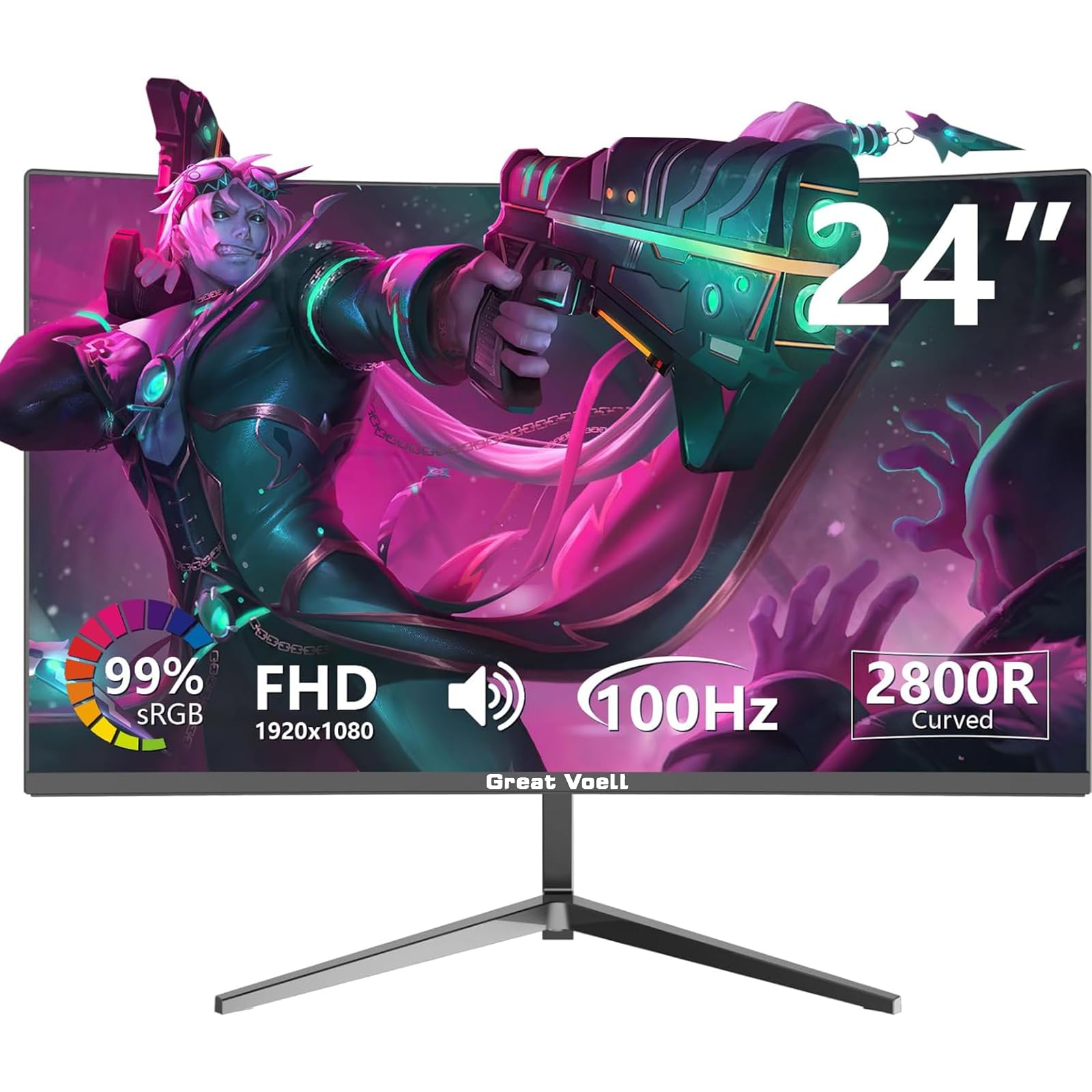 Great voell 24 pollici gaming Kurve monitor 1080P, 100HZ, Anti-Blue Light Eye Protection, compatibile VESA-75 * 75mm, inclinabile, con FreeSync, supporto HDR, HDMI, 16:9