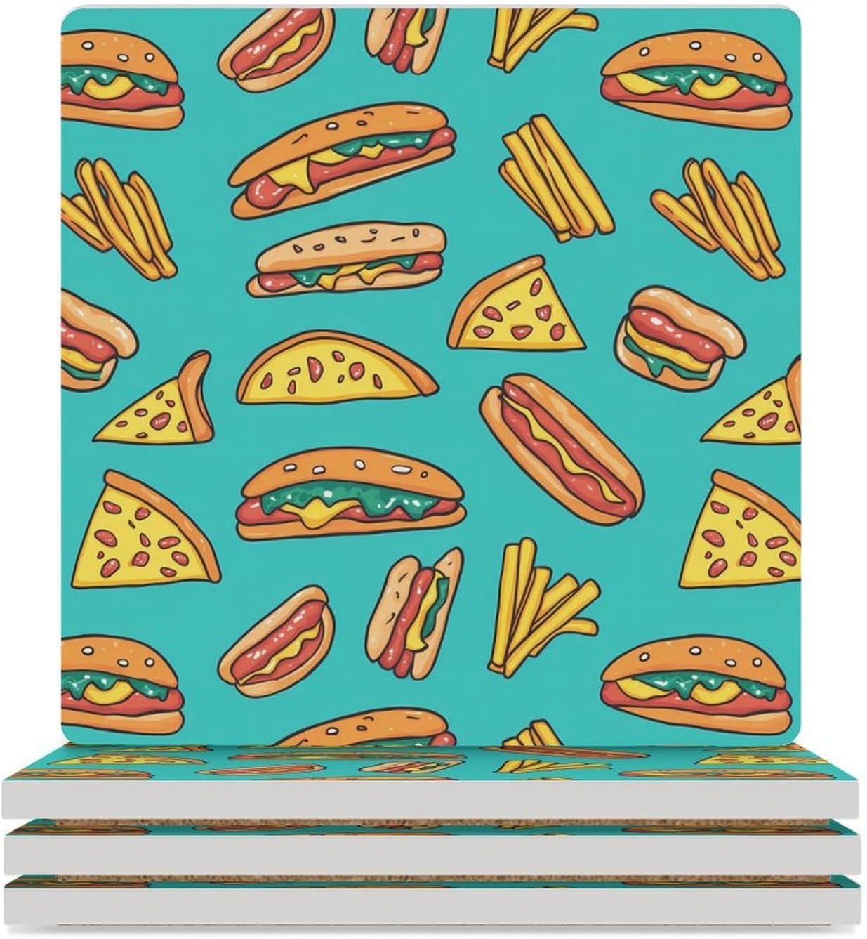 Hot Dogs Pizza Slices Funny Ceramic Coasters for Drinks Absorbent Cup Holder Tabletop Protector with Cork Base