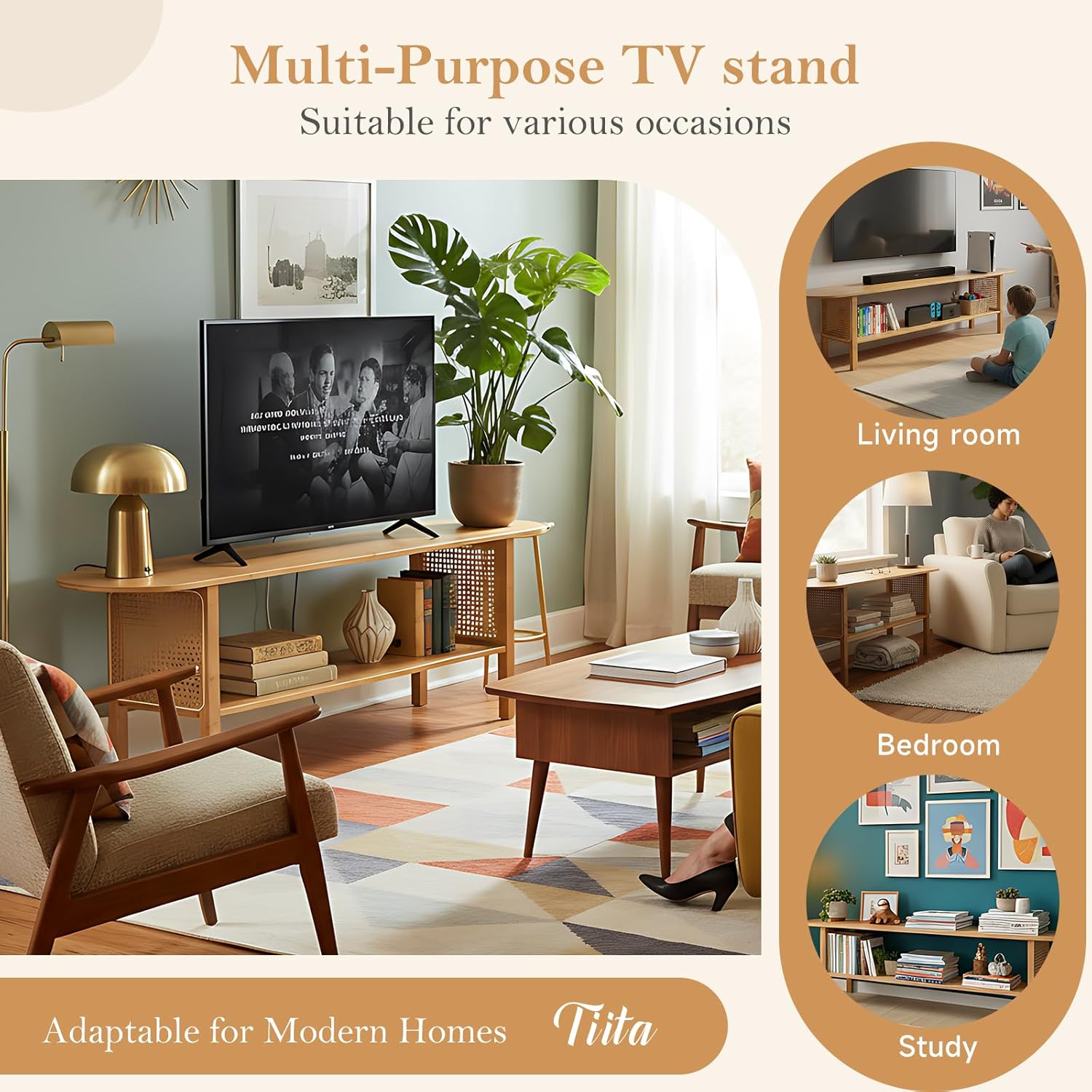 Tiita TV Stand with Storage for TVs up to 65'', Bamboo TV Console Entertainment Center with 2 Open Shelf, Mid Century Modern Media Console for Living Room, Bedroom, Wood