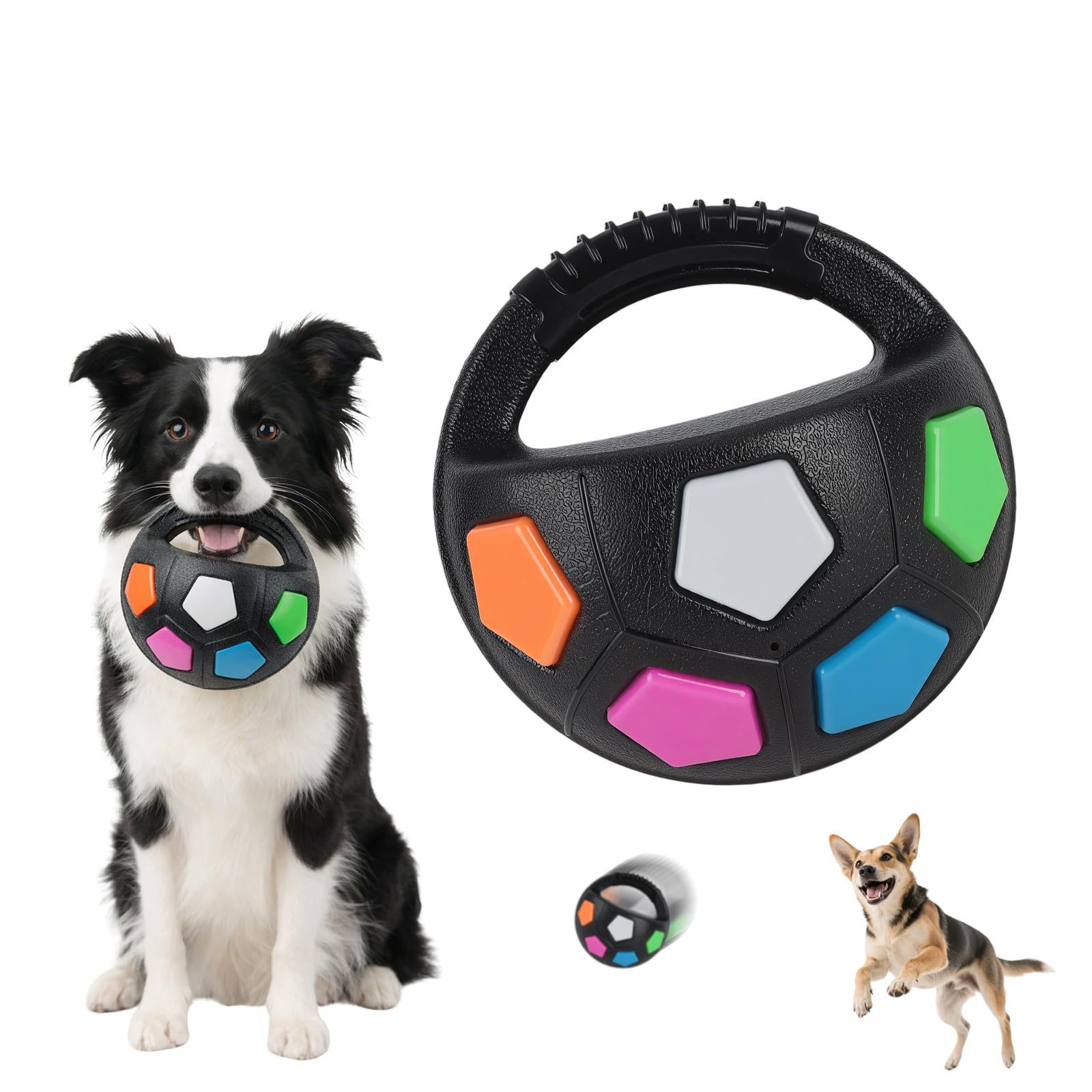 CMANLNYK Dog Calming Ball with Handle - Waterproof Interactive Football-Shaped Toy with Squeaking Sound, Dog Ball with Handle, Unique Texture for Chewing and Chasing, Black