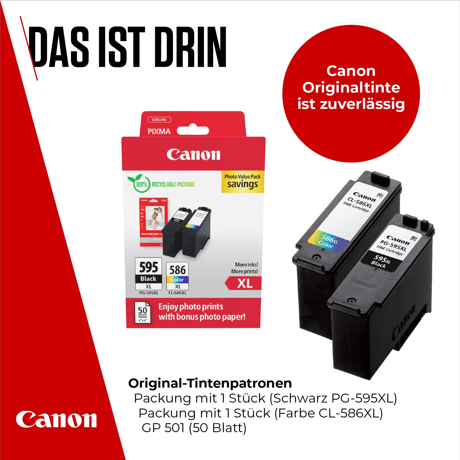 Canon Tintenpatrone – PG‑595XL / CL-586XL Original Druckerpatrone, 2er-Pack (1x Schwarz, 1x Farbe) + 50 Blatt 4x6-Fotopapier GP-501