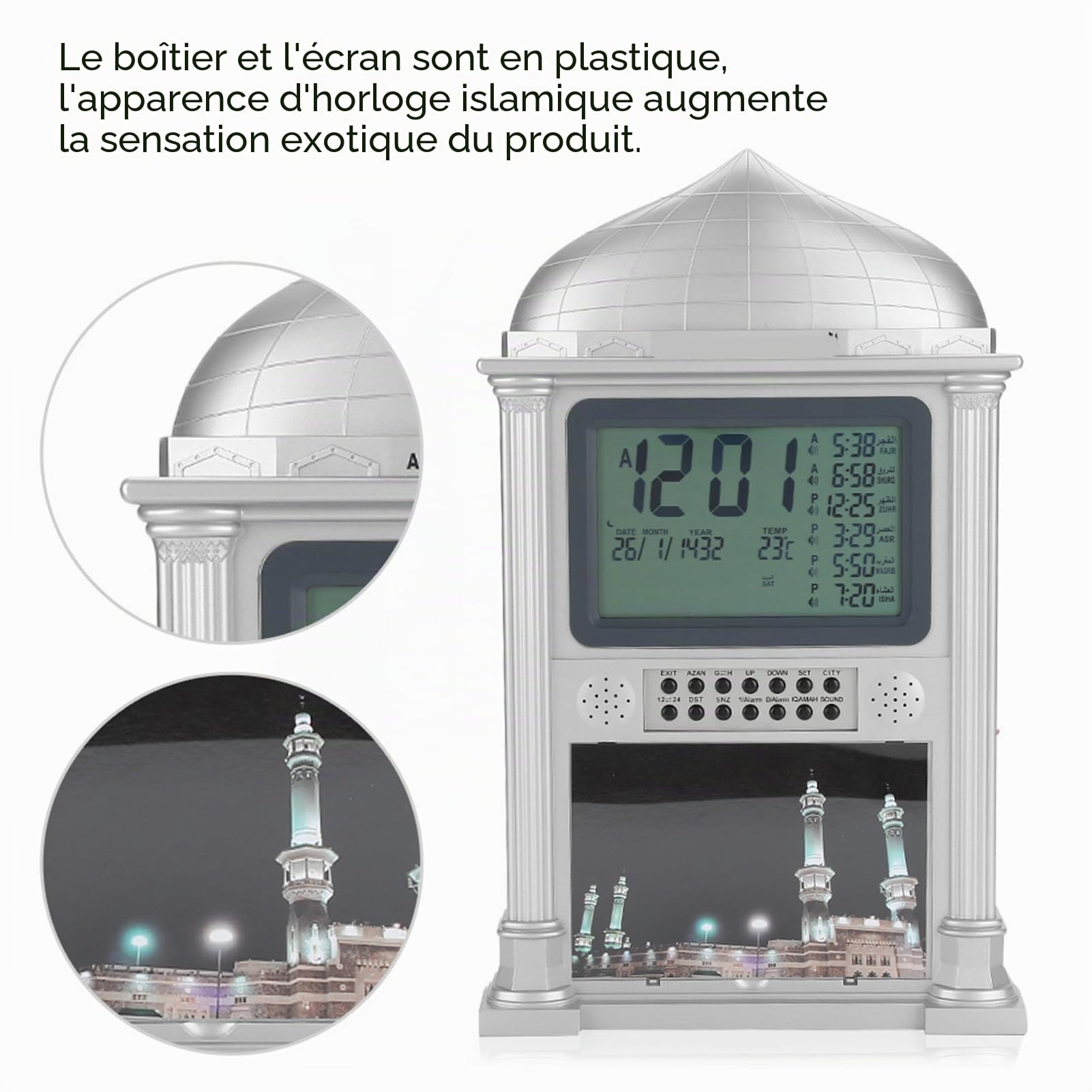Horloge Plastique Réveil Numérique avec Écran LCD pour Prière Nimaz