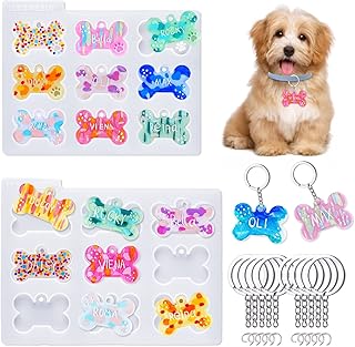 LET'S RESIN Pet Tag Resin Molds Silicone For Cat Dog | Epoxy Resin & UV Resin Bone Shape Keychain Molds with 10Pcs Key Ring & 10pcs Jump Ring, DIY Keychain Pendant Charm Crafts