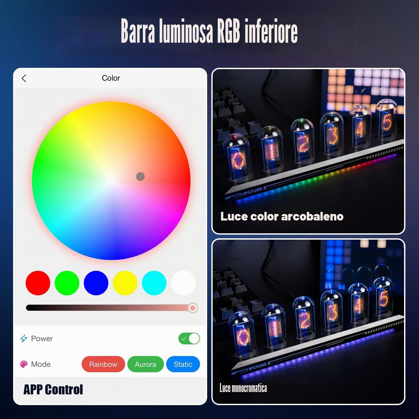 Orologio a tubo Nixie, RGB colorato, album fotografico digitale personalizzabile, nuova modalità meteorologica, schermo IPS da 5 pollici, controllo app, un regalo retrò per amici (nero