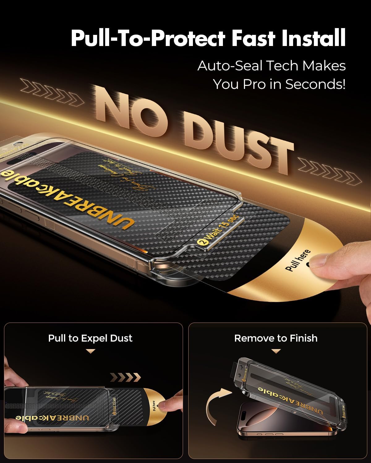 UNBREAKcable 3-Pack for iPhone 16 Pro Max Screen Protector, 9H+ Tempered Glass [Easy Installation Frame + Auto Dust-Elimination] [Bubble-Free, Shatterproof, HD Clear 99.99%] [1:1 Full Coverage]