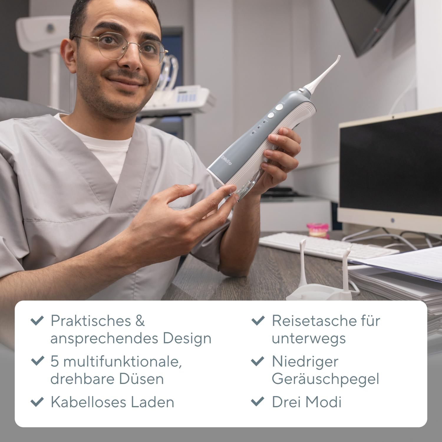 B.Well Swiss TH-912 tragbare und kabellose Munddusche, Praktisches Design mit 3 Betriebsmodi, 5 Düsen mit 360°-Rotation, bis zu einem Monat Akkulaufzeit, Inkl. einer praktischen Reisetasche