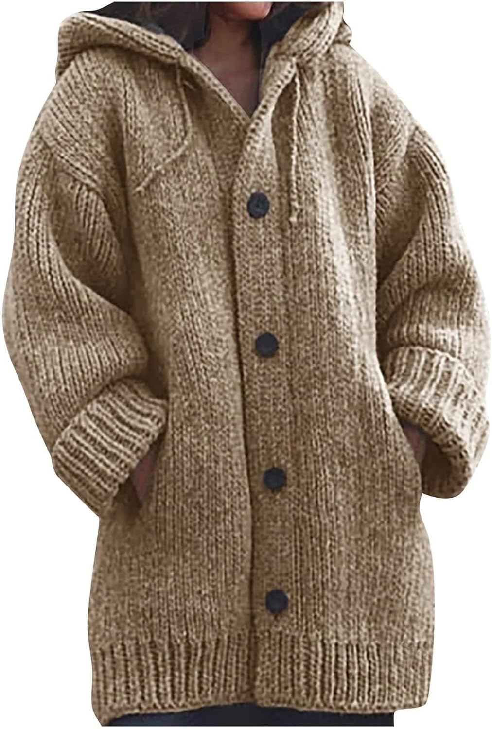 Winter Knitted Thick Cardigan Hoodie Sweater Coat Drawstring Long Sleeve Buttons Down Warm Coat