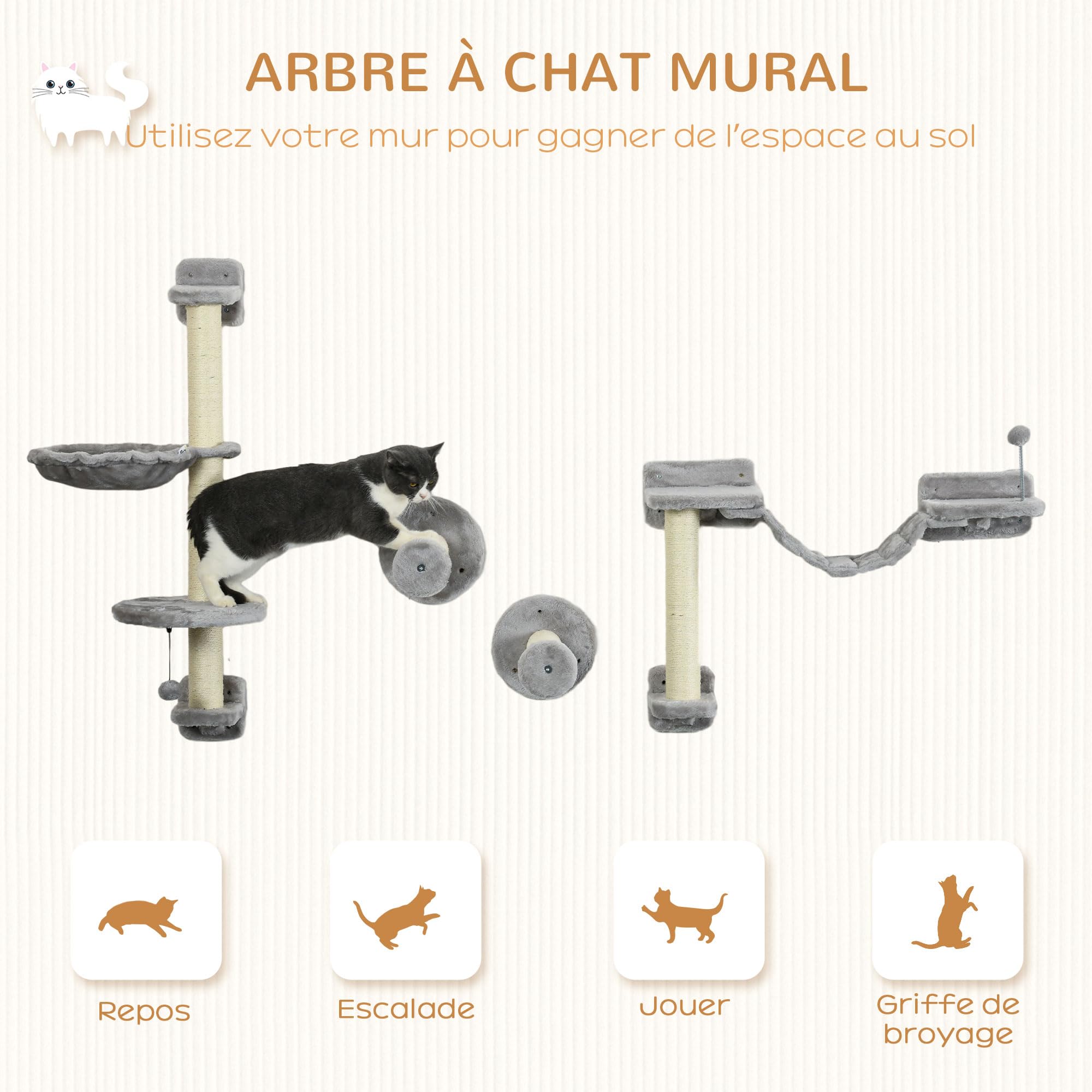 PawHut Arbre à Chat Parcours Mural Complet 4 pièces hamac, Pompon, Plateformes de Saut, Poteau en sisal et échelle Peluche Gris