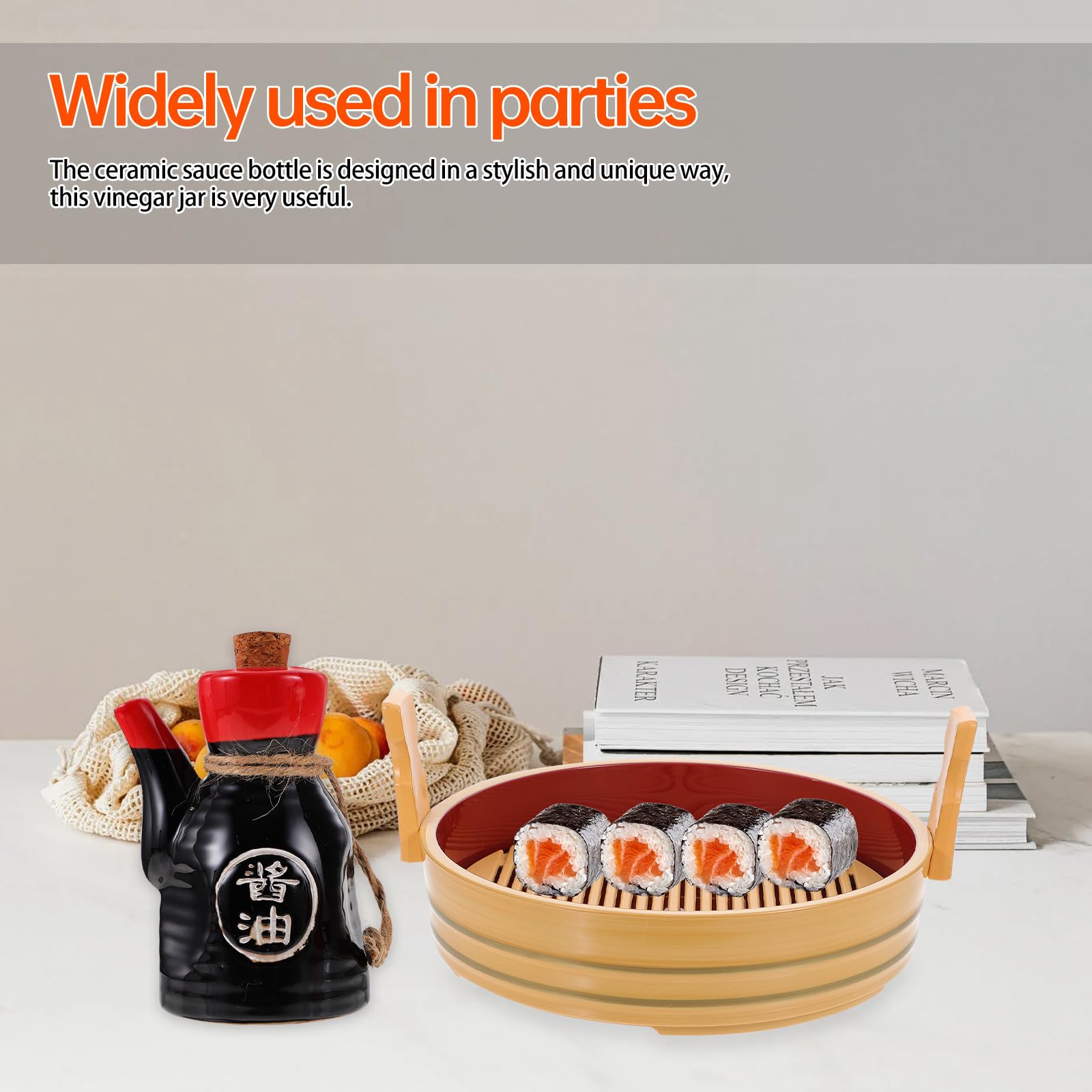 KICHOUSE Set di Dispenser in Ceramica Giapponese per Salsa di Soia e Aceto con Vassoio in Legno 200ml, per Cucina Quotidiana e Conservazione Ottimale dei Condimenti
