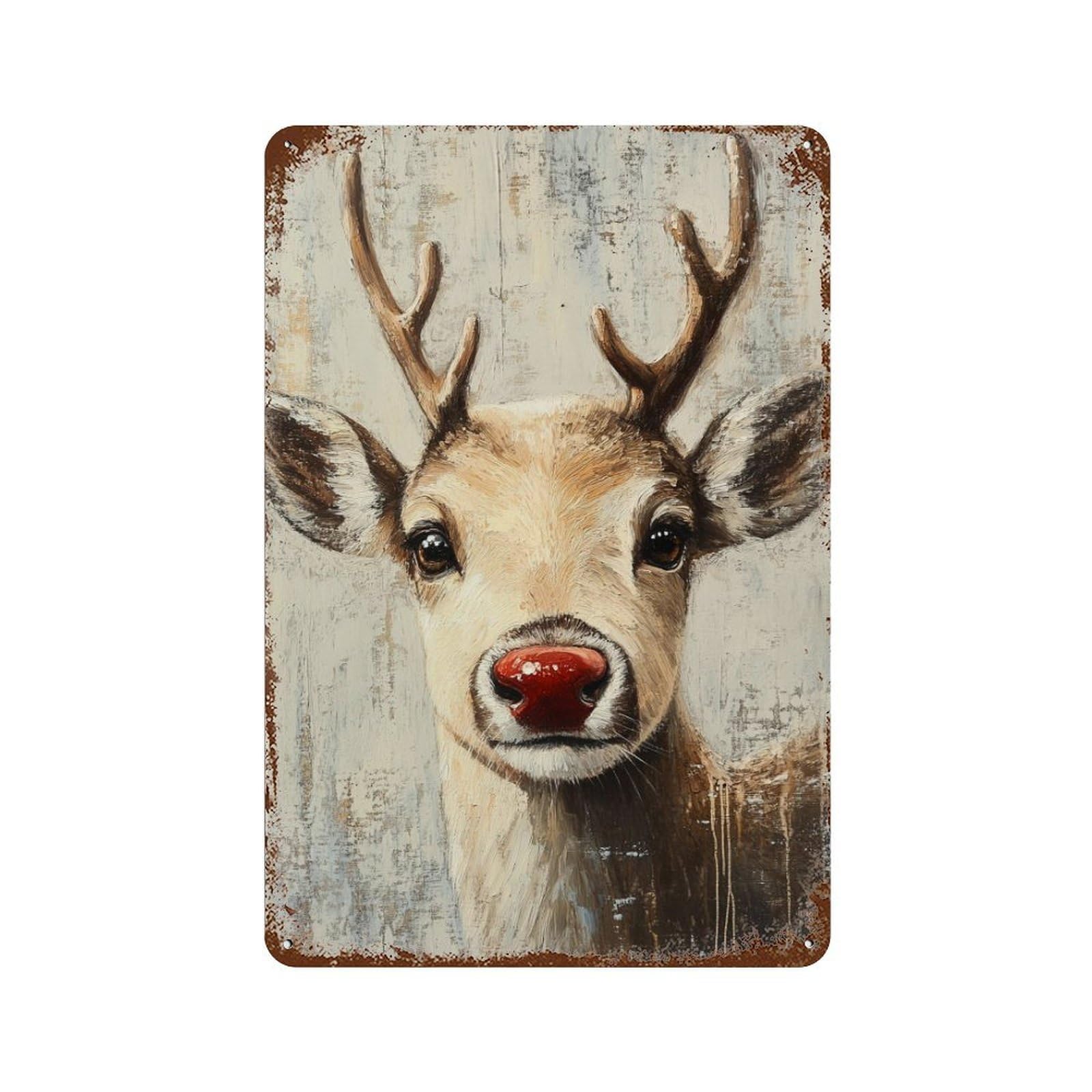 Christmas Rudolph Reindeer Art Print Rust Effect Tin Sign 11.8"x7.9", Retro Wall Decor for Patio, Garden Room And Bar Decor