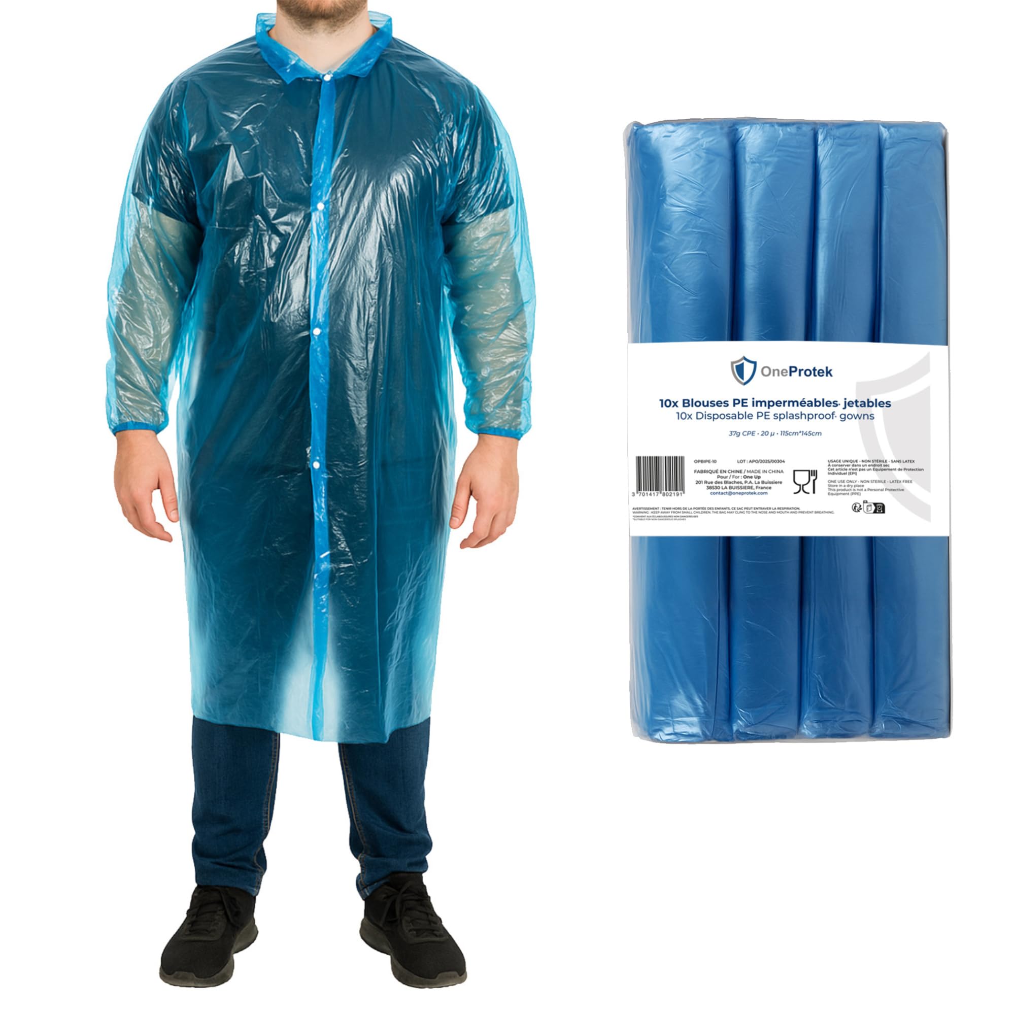 10x Surblouse jetable Imperméable OneProtek - Blouse de protection avec boutons pression, Polyéthylène recyclable, Résistante et Confortable, Conforme contact alimentaire - Taille unique, Bleu