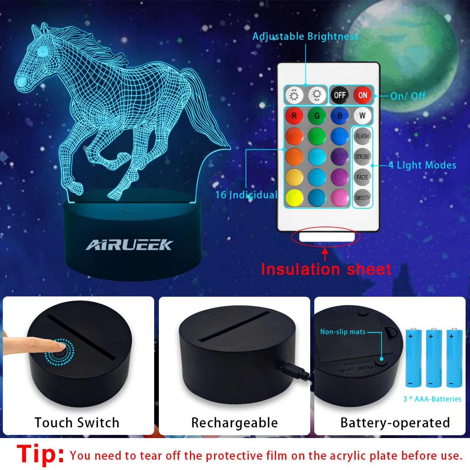 Lampada Notturna 3D Pony: 16 Colori con Telecomando | Regalo Bambina