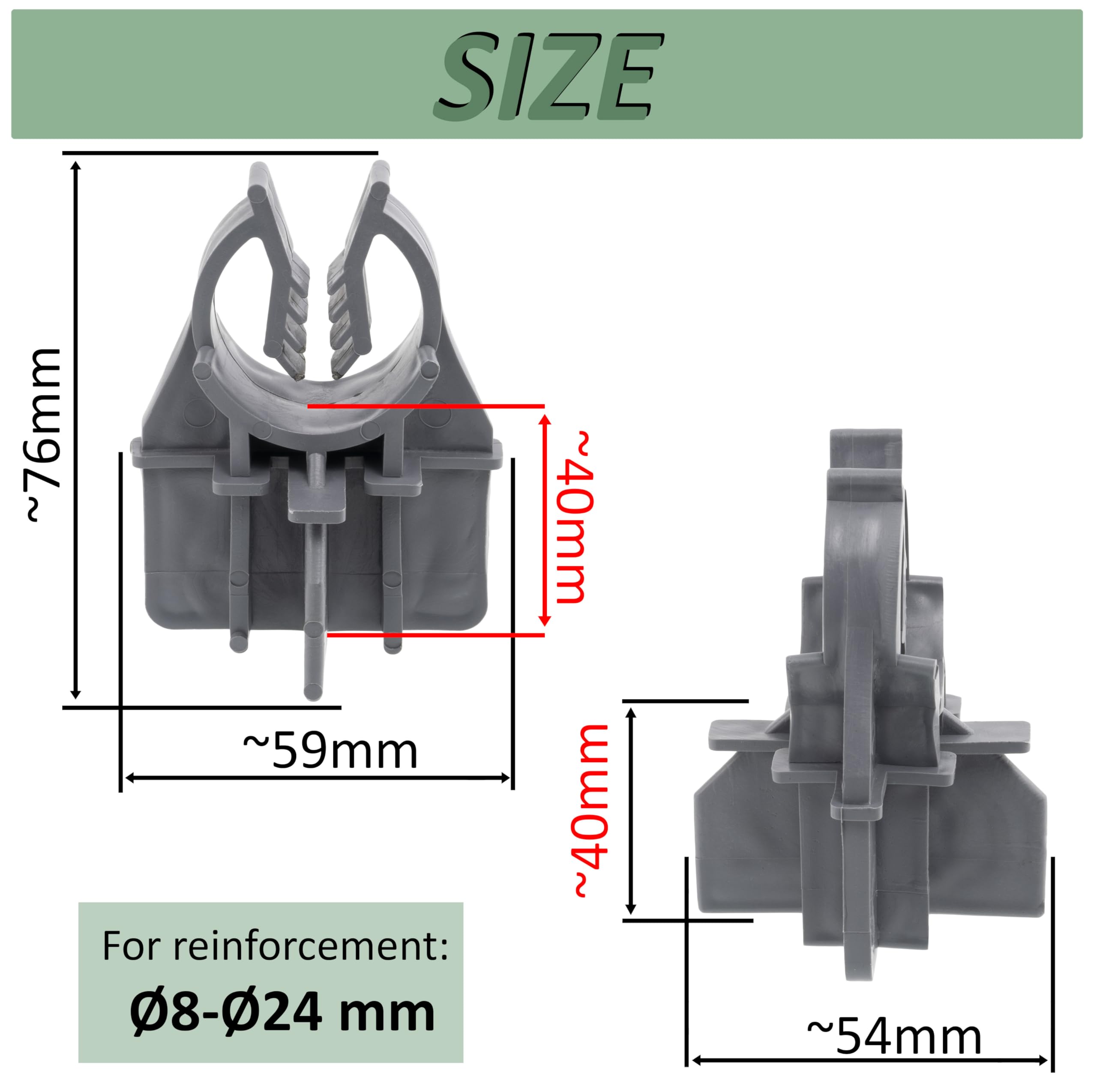 AERZETIX - C65217 - Juego de 25 Cuñas de armadura para hierro de hormigón de Ø8 a Ø24 - embutición 40mm - fijación horizontal - accesorio de encofrado de clip - en plástico - losa armado refuerzo