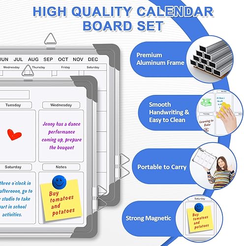 Miniatura 5 de EAONE Paquete de 2 pizarras blancas de calendario para pared, calendario de borrado en seco de 16 x 12 pulgadas, calendario mensual colgante de