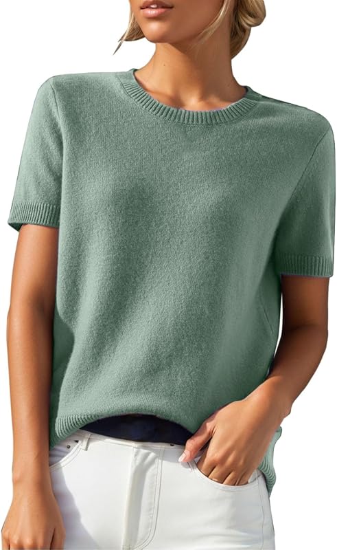 Suéter de manga corta para mujer, moda, ligero, cuello redondo, camisetas de negocios, casual, suelto, lindo, suave, cómodo, jersey de punto