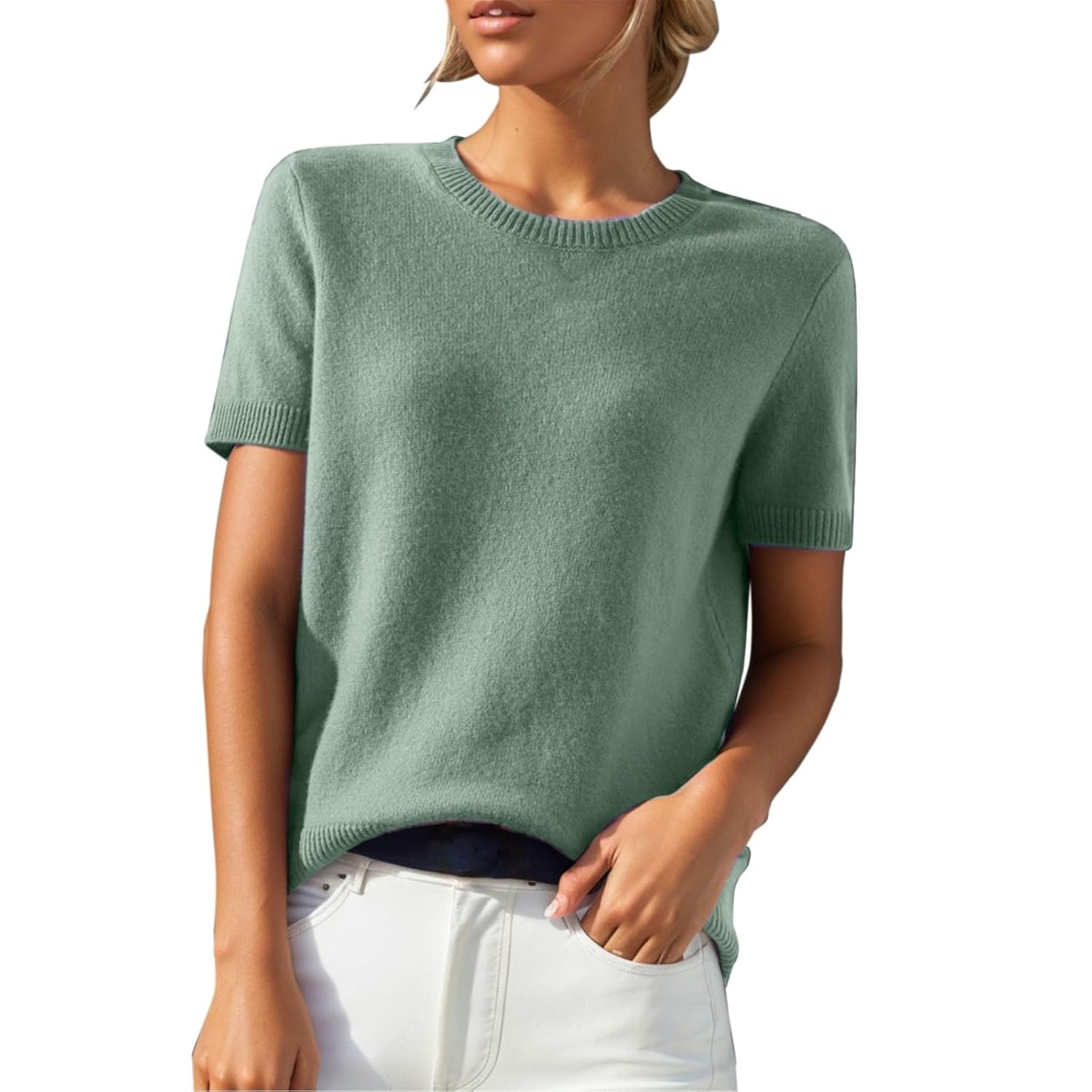 Business Casual Short Sleeve Sweater for Women Crew Neck Cute Lightweight Cashmere Pullover Tops 2025 Fall Winter