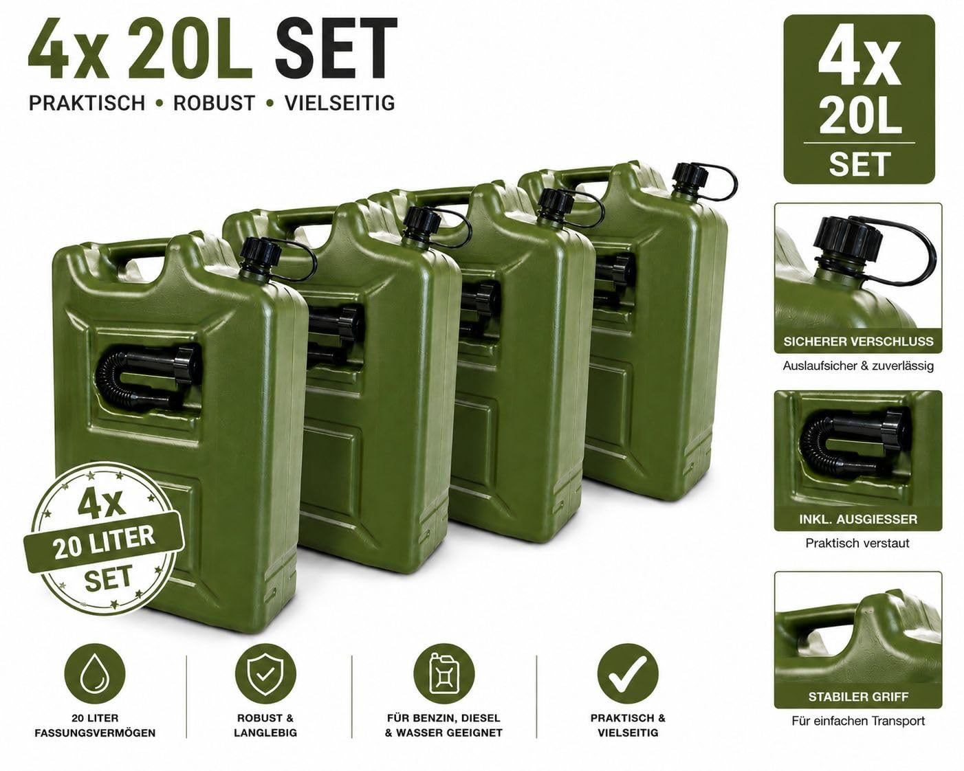 4x Benzinkanister 20L OLIVGRÜN Kunststoff Dieselkanister Reservekanister Kraftstoffkanister 20 Liter Kanister, Wasserkanister für Benzin Diesel Wasser AdBlue, 20-Liter-Kanister Ausgießer Petrol Can, A