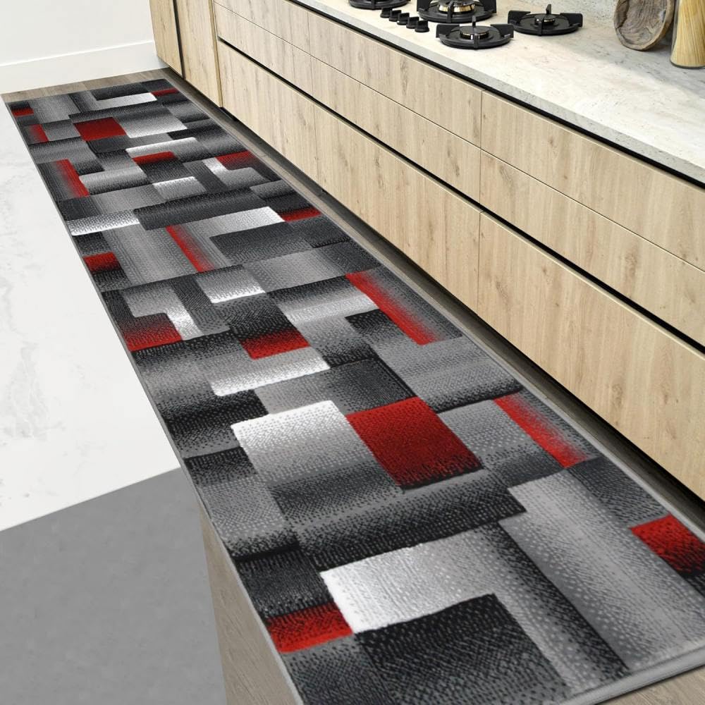 Alfombra pasillo de pelo corto moderna alfombra lavable y antideslizante gris y roja