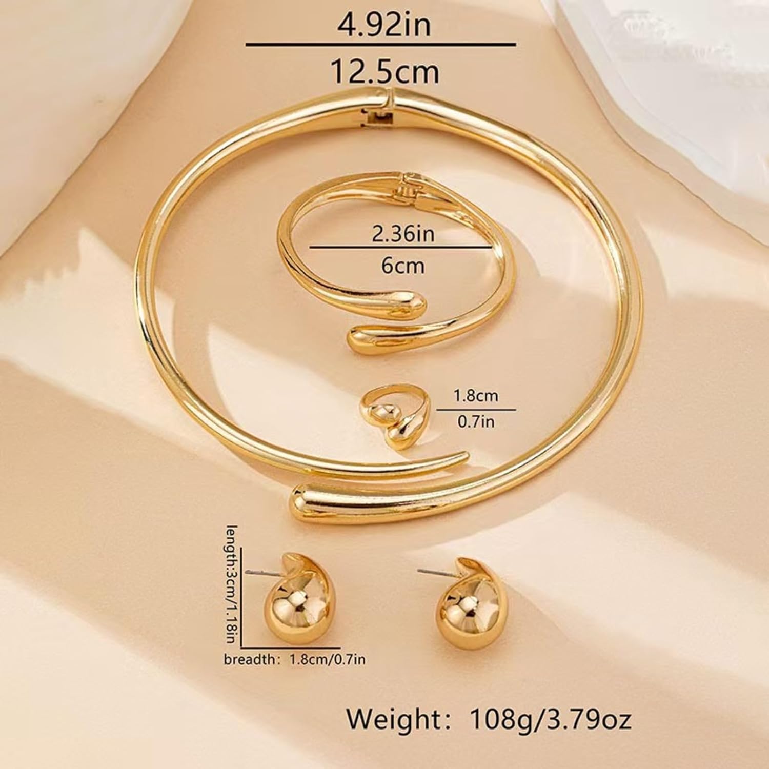 Gold Statement Jewelry Set for Women Teardrop Choker Necklace Trendy Drop Earrings Cuff Bracelet Adjustable Statement Ring Elegant Formal Jewelry Accessories - Image 4