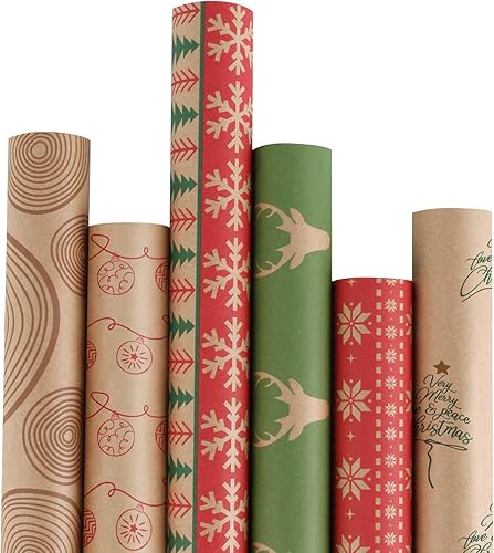 RUSPEPA Papel de regalo de Navidad, papel kraft marrón con patrón rojo y verde para colección de elementos navideños, 6 rollos de 30 pulgadas x 10