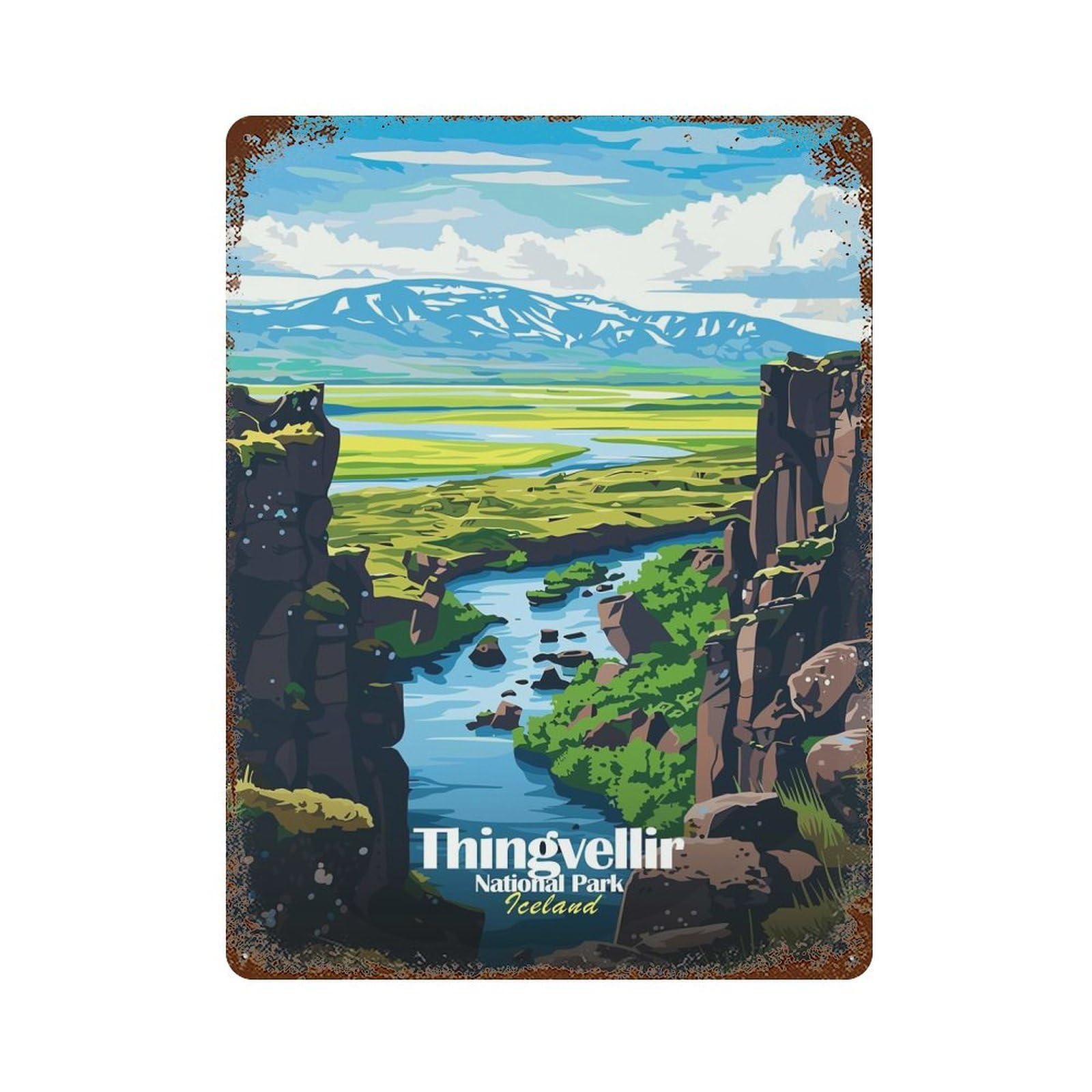 Retro Metal Sign with Thingvellir National Park Iceland Illustration Design 15.7"x11.8", for Living Room, Hallway And Home Decor, Farmhouse Wall Decor