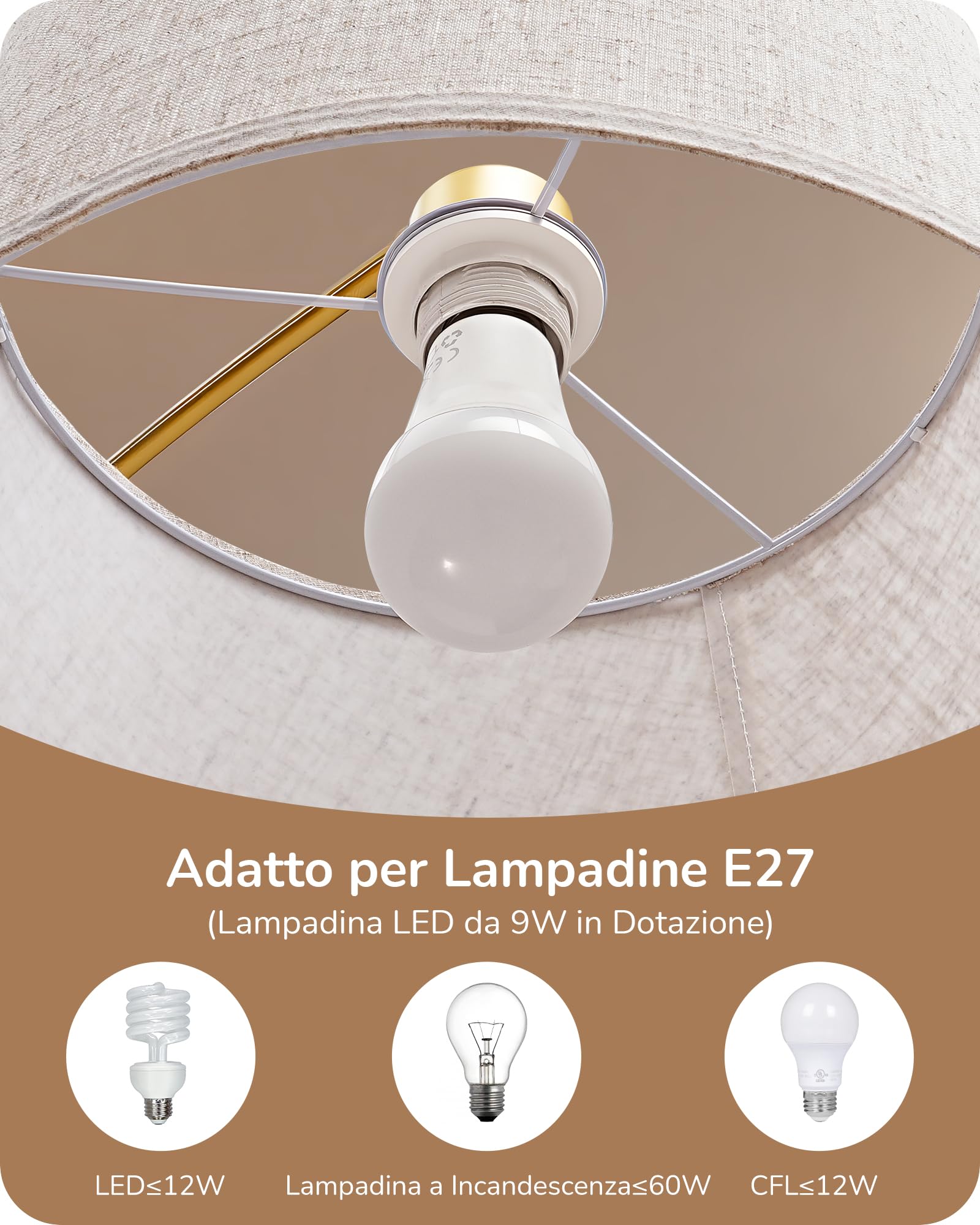 EDISHINE Lampada da Terra per Soggiorno, Altezza Regolabile 143-176 cm, Lampada ad Arco con Testa Rotante, Struttura in Metallo, Telecomando Magnetico, Dimmerabile, Attacco E27 con LED 9W Inclusa
