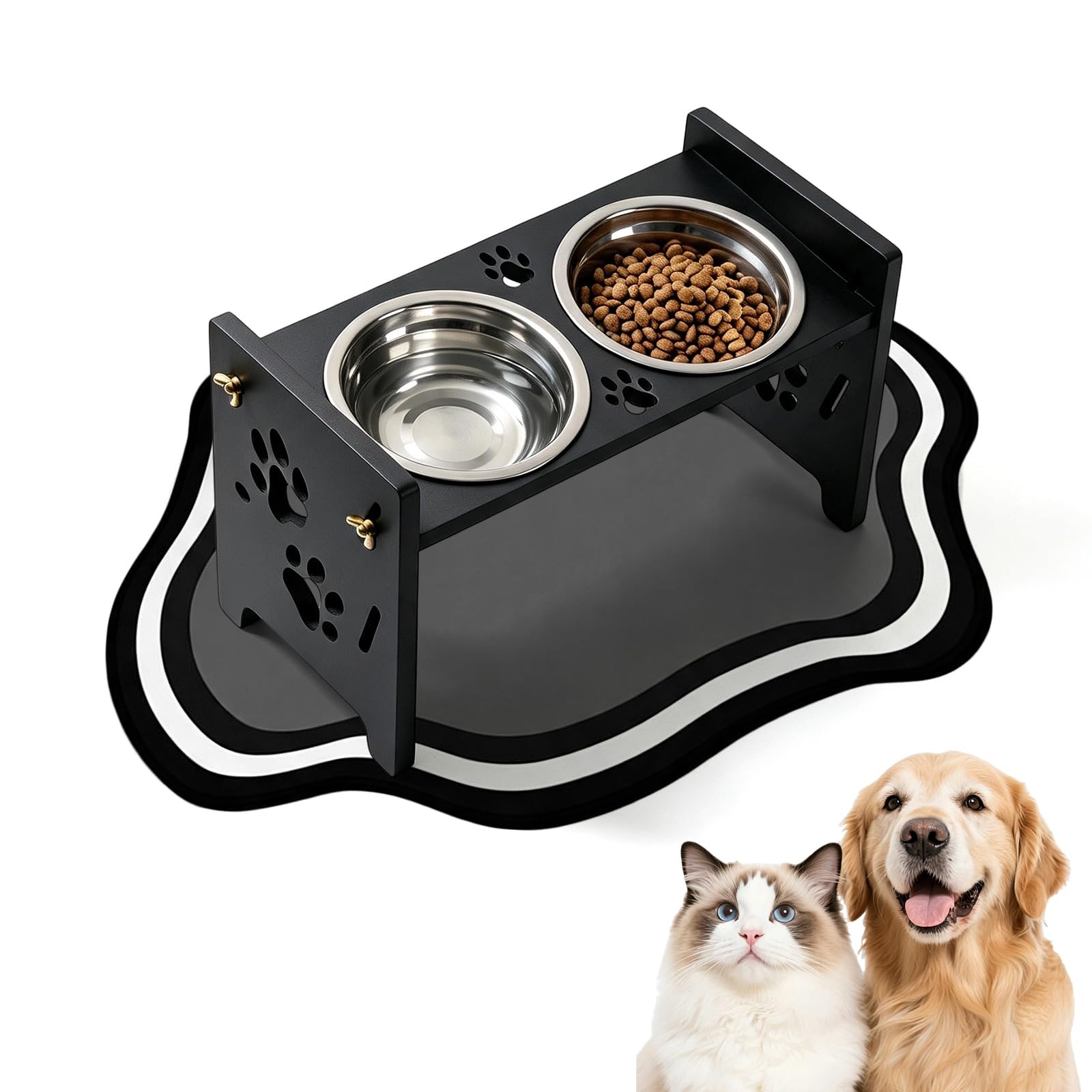 Raised Dog Bowl Elevated Dog Bowls with Stand 15 Tilted Anti-Vomit Feeding Station Cat Bowl Wooden Dog Feeding Station with 2 Stainless Steel Bowls and Feeding Mat for Cats & Puppy Black 34x19x16 cm