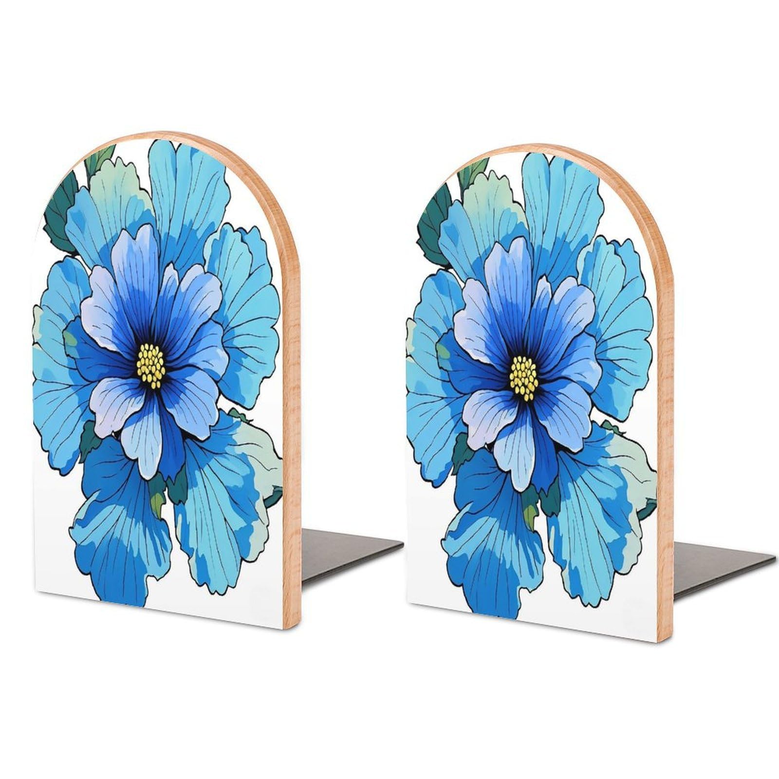 Sujetalibros de flores de hibisco azul, tapón de libros de madera antideslizante para estantes