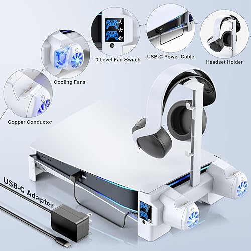 Miniatura 8 de Kytok Soporte horizontal para PS5 con adaptador de CA ventiladores de refrigeración PS5 de 3 niveles y estación de carga de controlador PS5 para