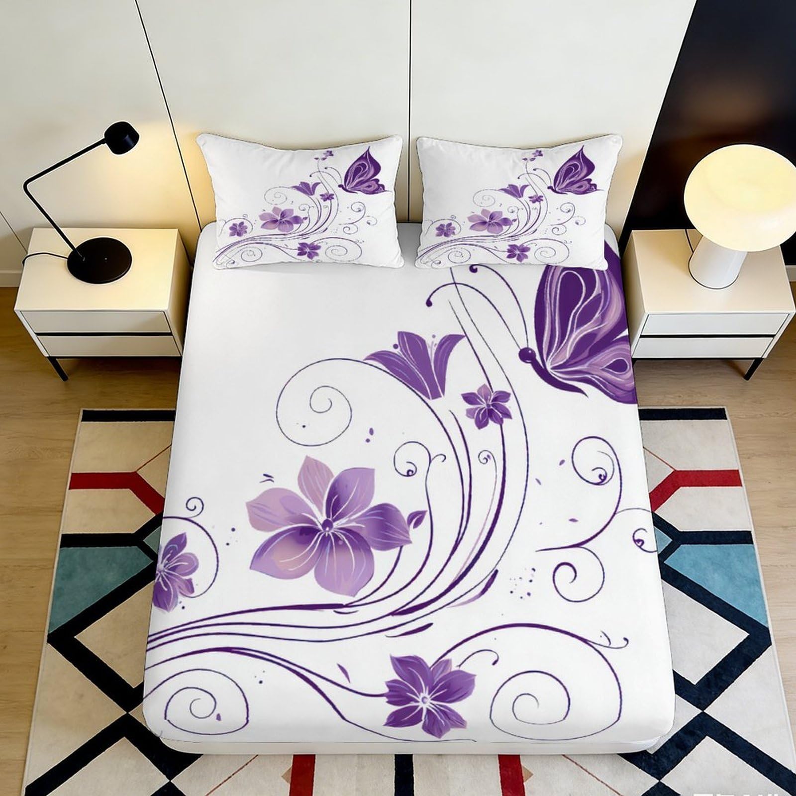 3D Printed Purple Floral Butterfly Fitted Sheet Microfiber Soft Breathable Bed Sheet for Bedroom Guest Room Mattress Cover 180x200x25cm