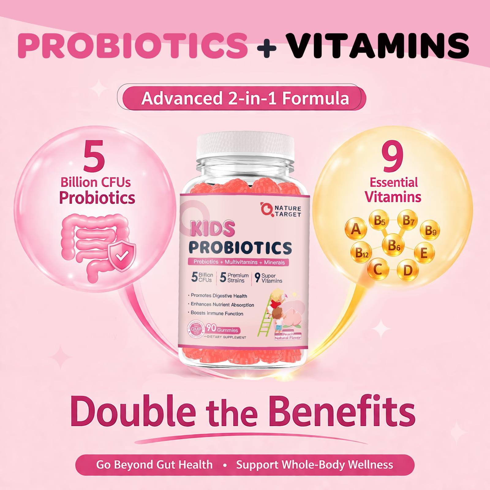 Probiotics for Kids, Kids Probiotic-Multivitamin Gummies with 5 Billion CFUs for Digestive Health & Immune Support, with Vitamins, Prebiotics, Minerals for Children, Natural Peach Flavor, 45 Servings