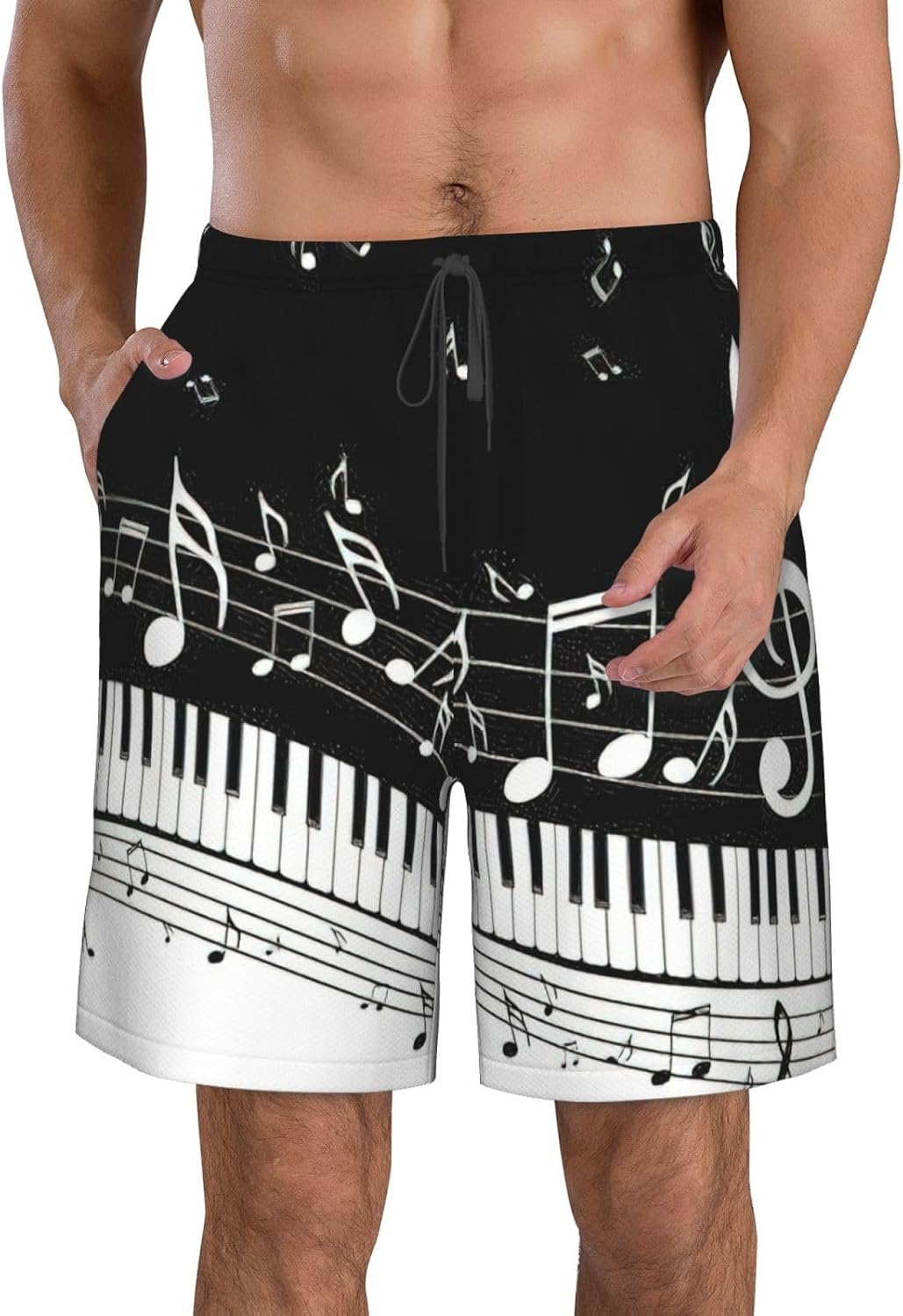 WURTON Piano Keys with Musical Notes Print Men's Swim Trunks Quick Dry Beach Shorts with Pockets Lining Swimwear Bathing