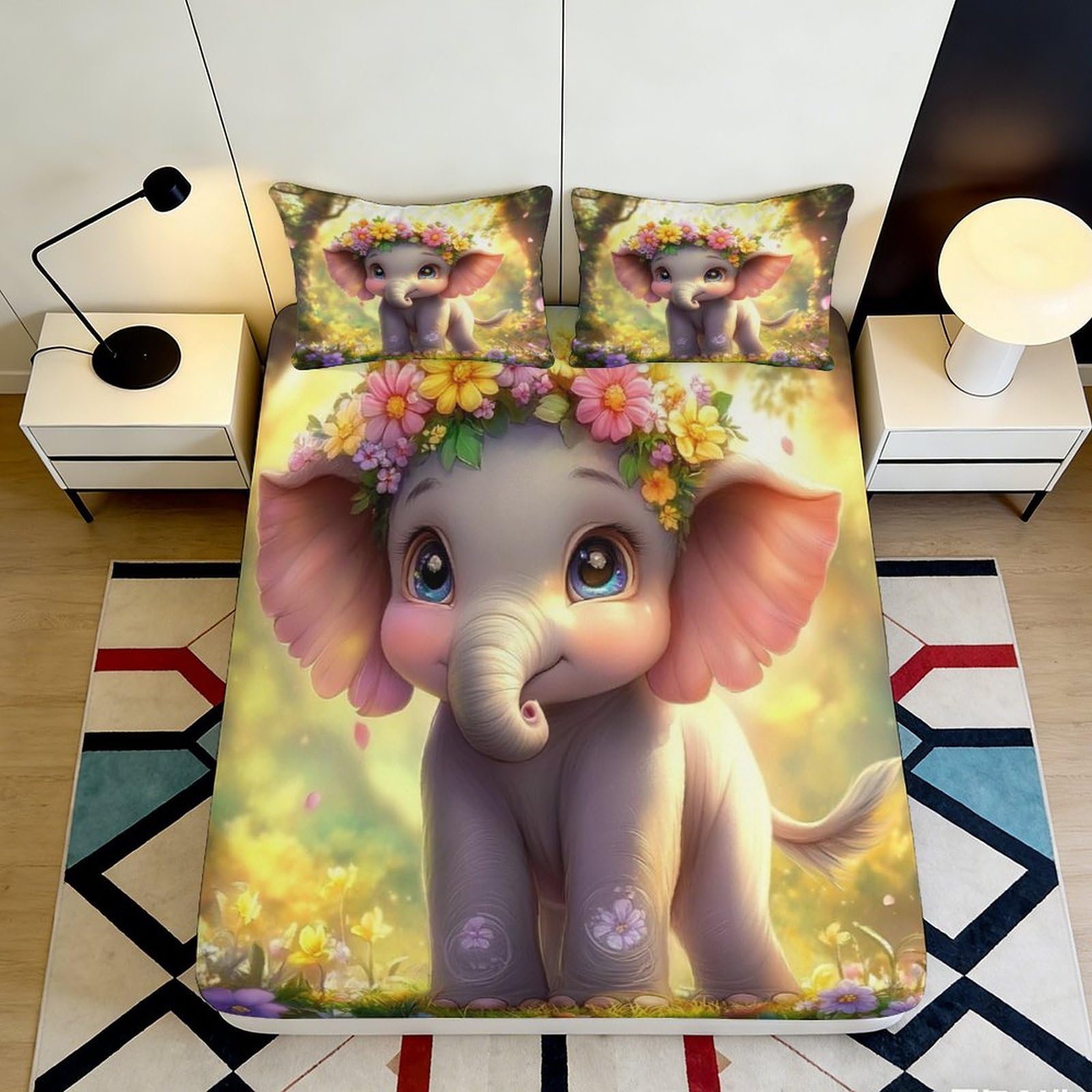 3D Printed Cute Elephant Fitted Sheet Microfiber Soft Floral Cartoon Bed Cover for Bedroom Dorm Guest Room Decor Protection 90x200x25cm